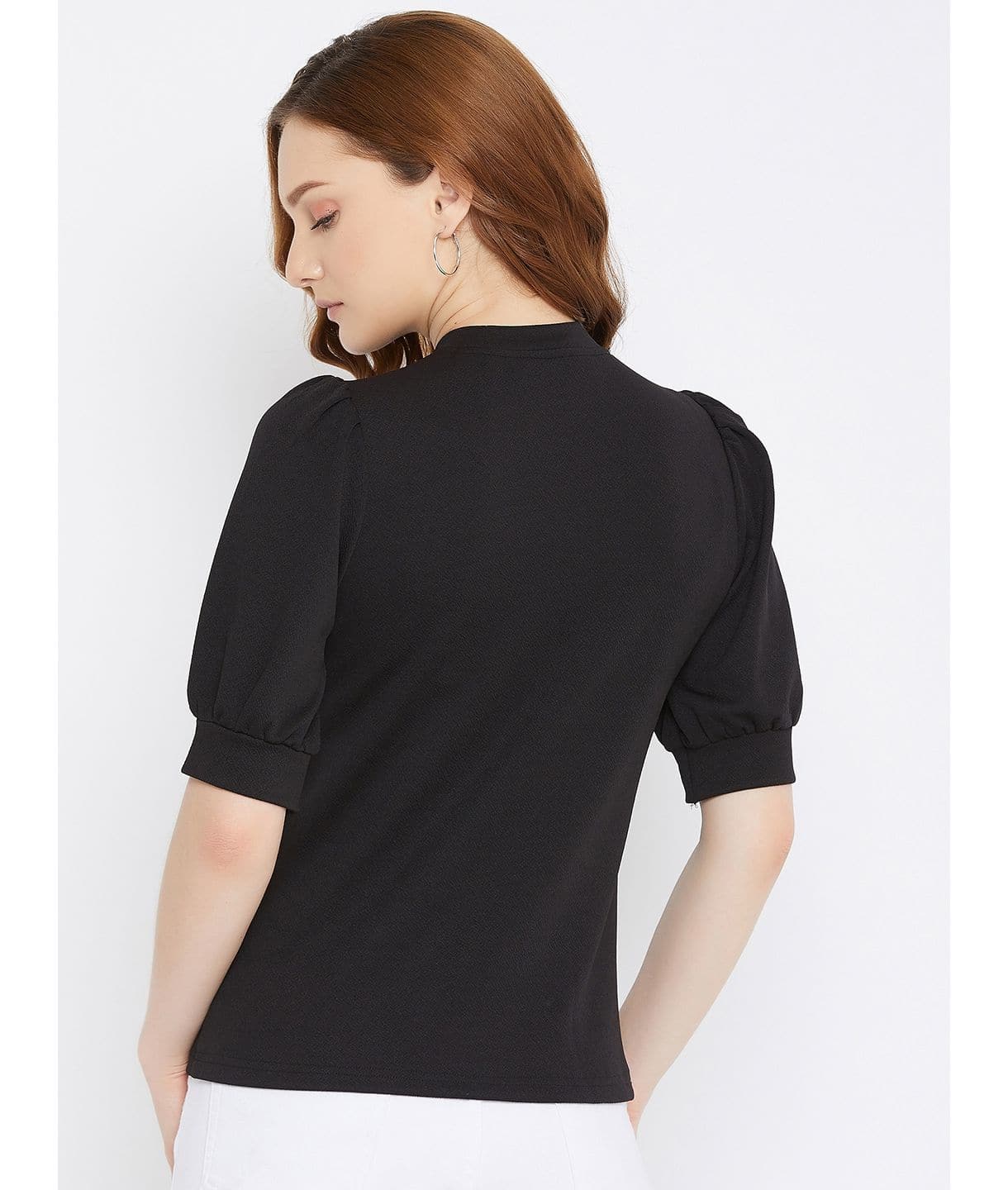 Cotton Solid Stretchable High Neck Puff Sleeve Top