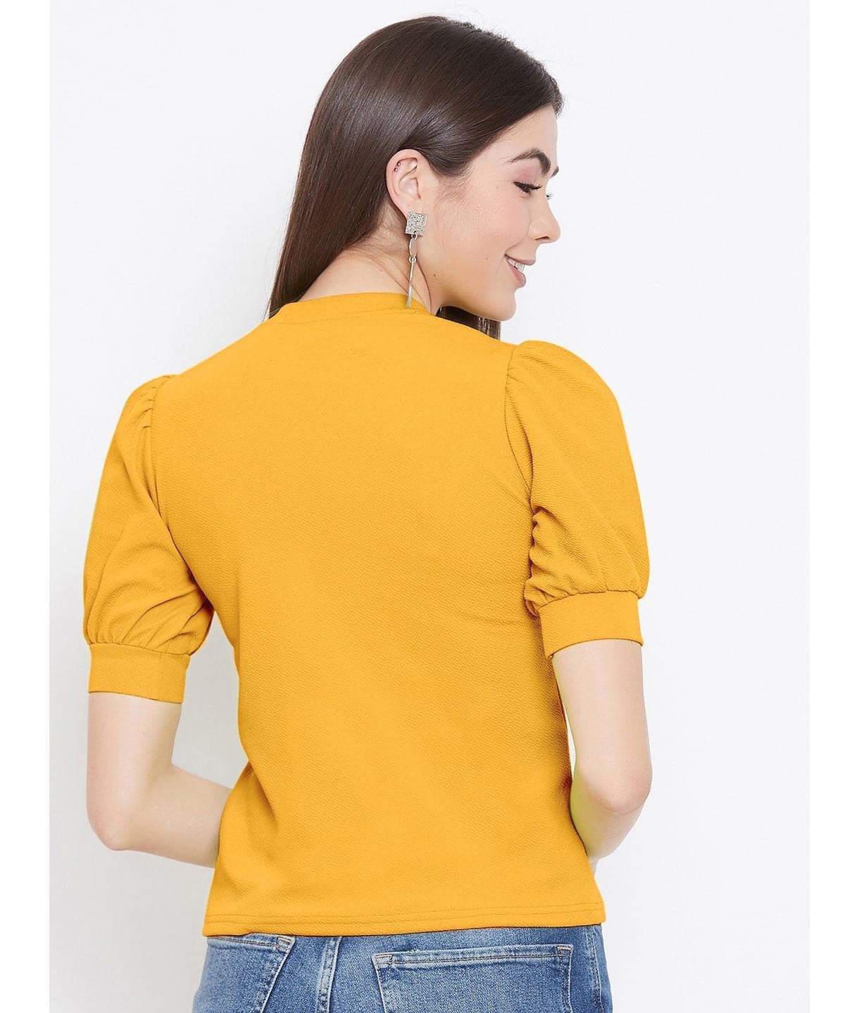 Cotton Solid Stretchable High Neck Puff Sleeve Top