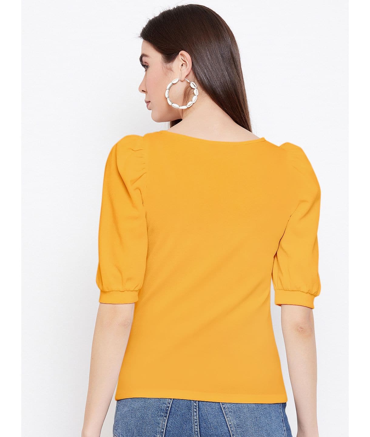 Cotton Solid Stretchable Round Neck Puff Sleeve Top