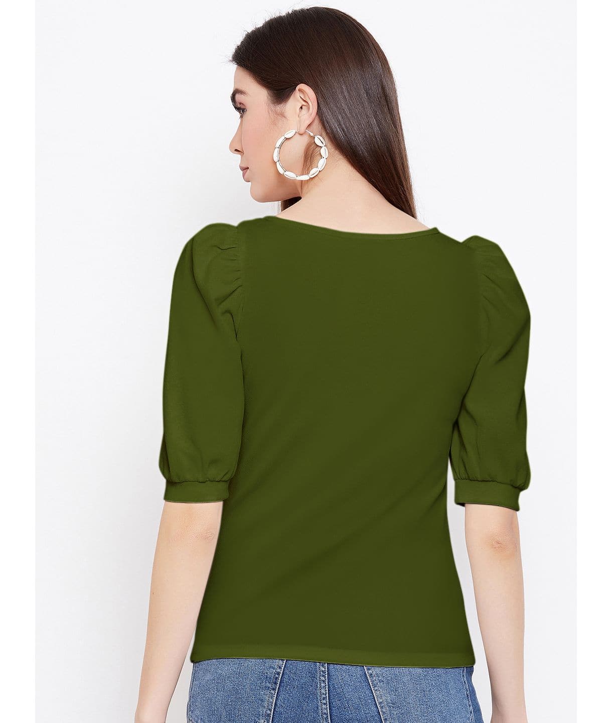 Cotton Solid Stretchable Round Neck Puff Sleeve Top