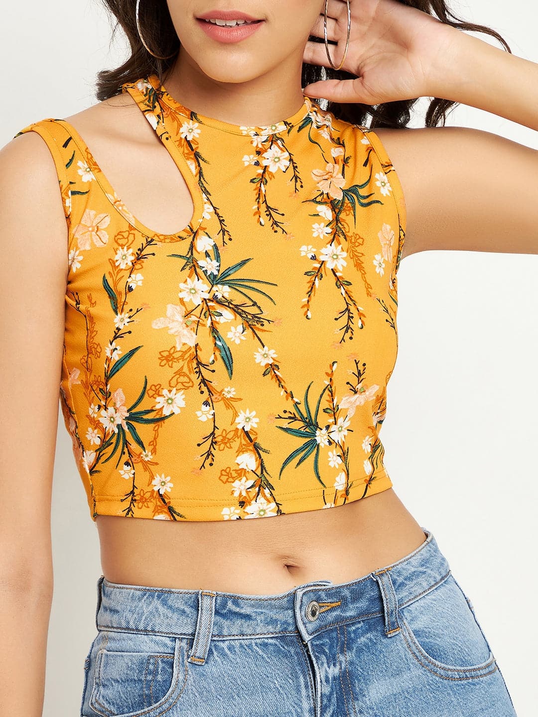 Printed Cotton Stretchable Shoulder Cutout Crop Top