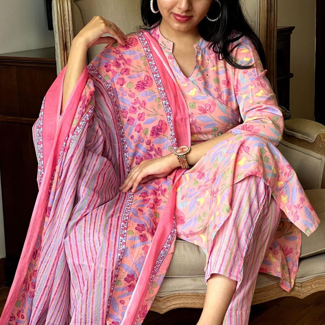 Pale Rose Handblock Printed Cotton Suit Set with Dupatta