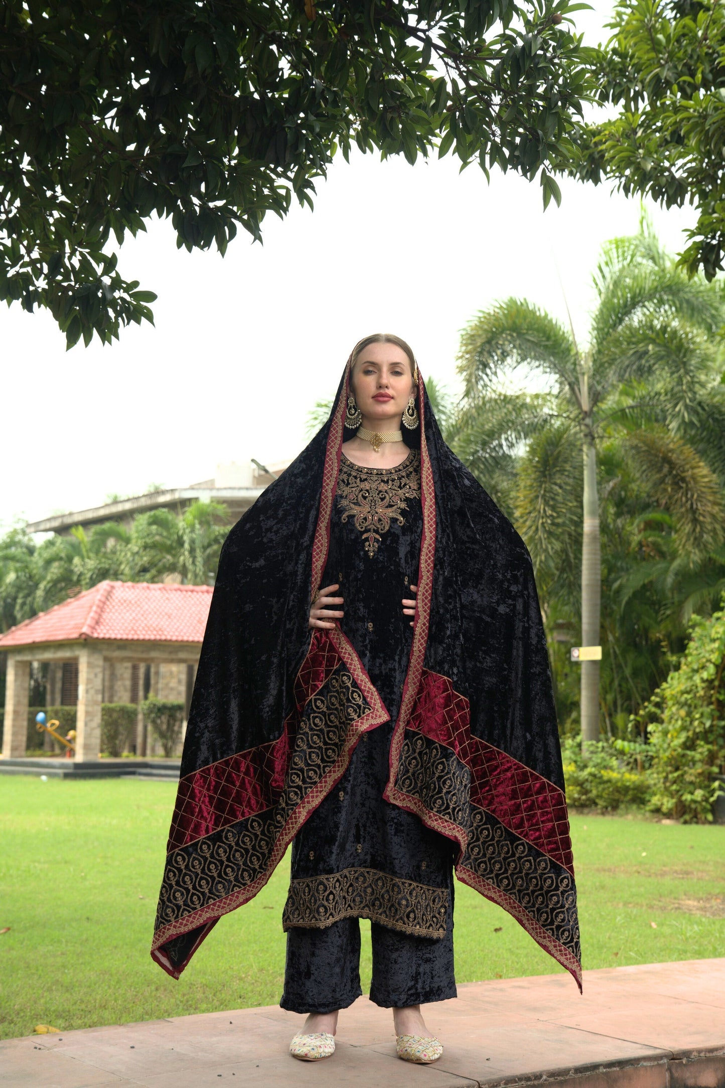 Black Designer Velvet Pakistani Suit Set