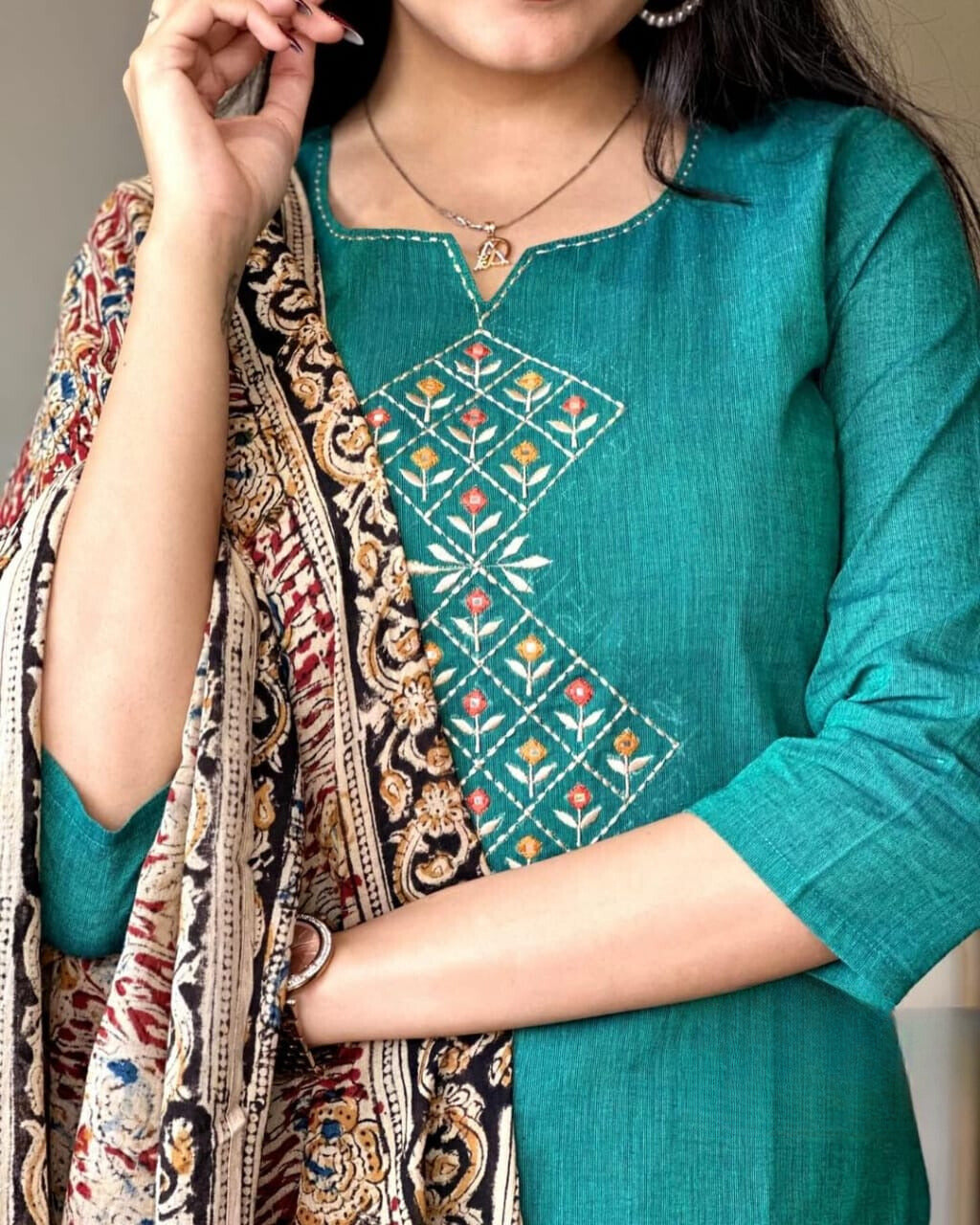 Persian Green Embroidered Handloom Cotton Suit Set with Dupatta