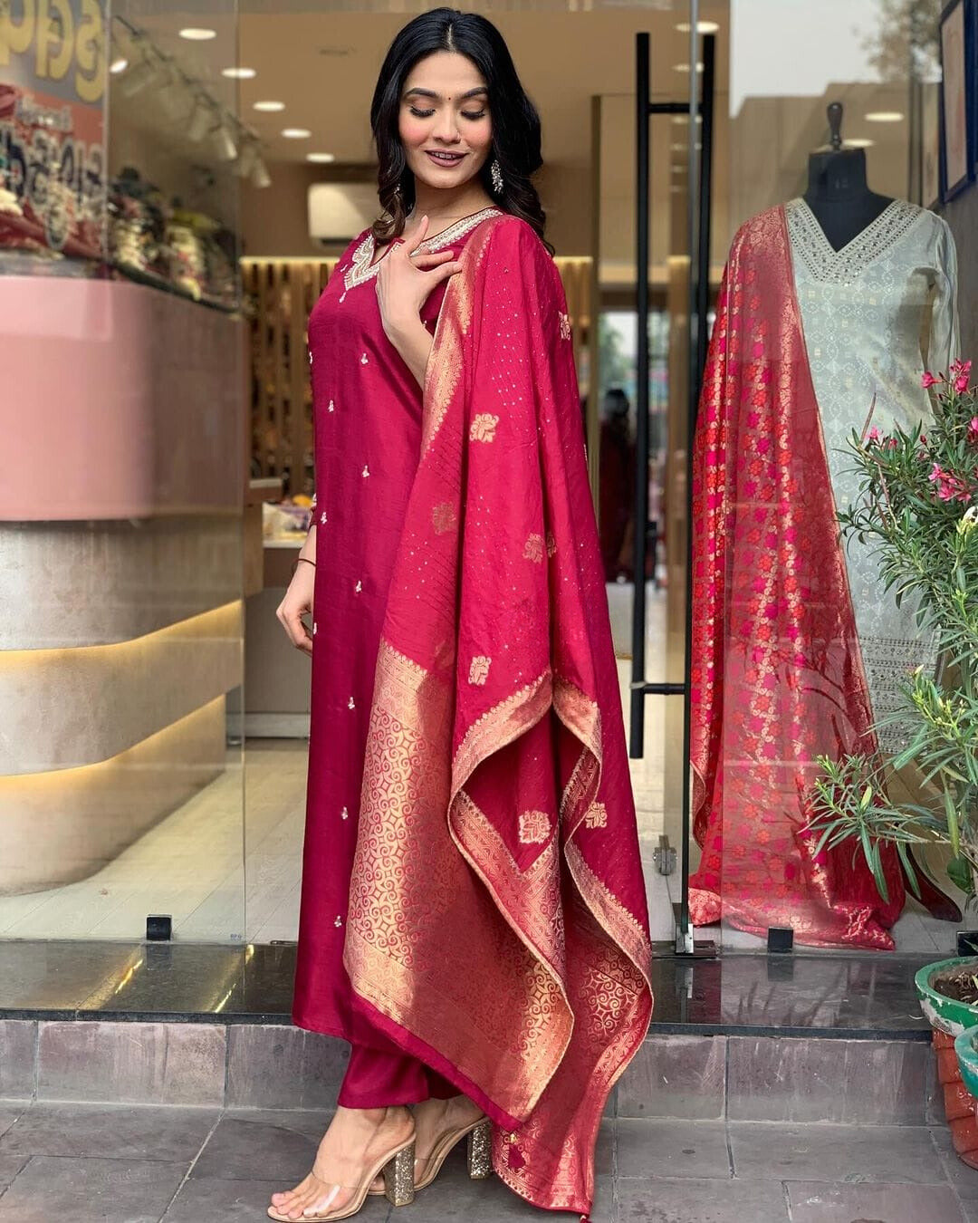 Red Embroidered Silk Suit Set with Dupatta