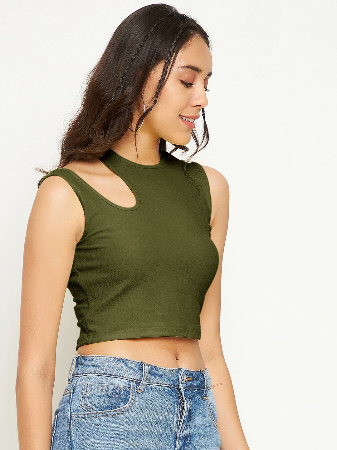 Cotton Stretchable Shoulder Cutout Crop Top