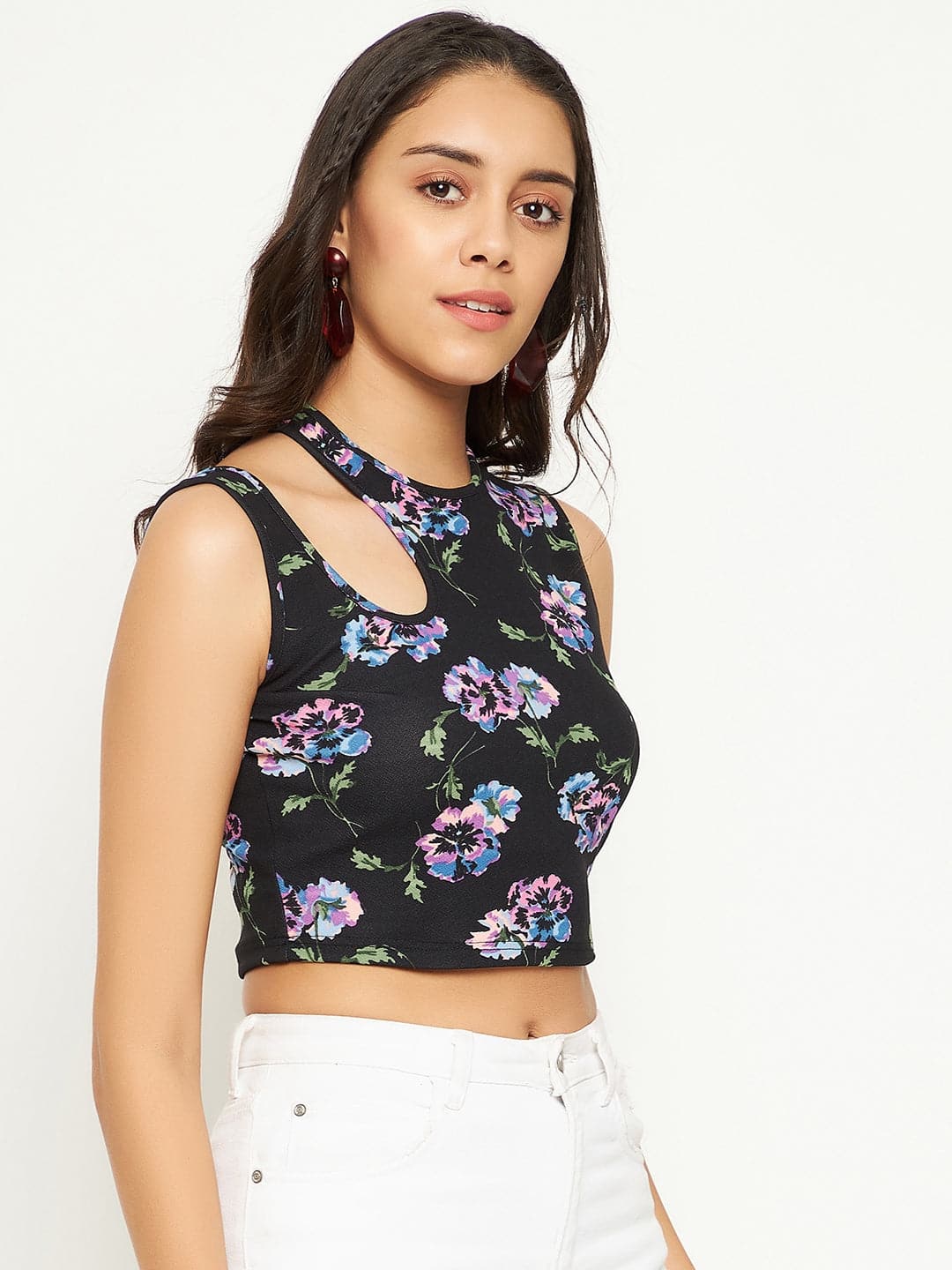 Printed Cotton Stretchable Shoulder Cutout Crop Top