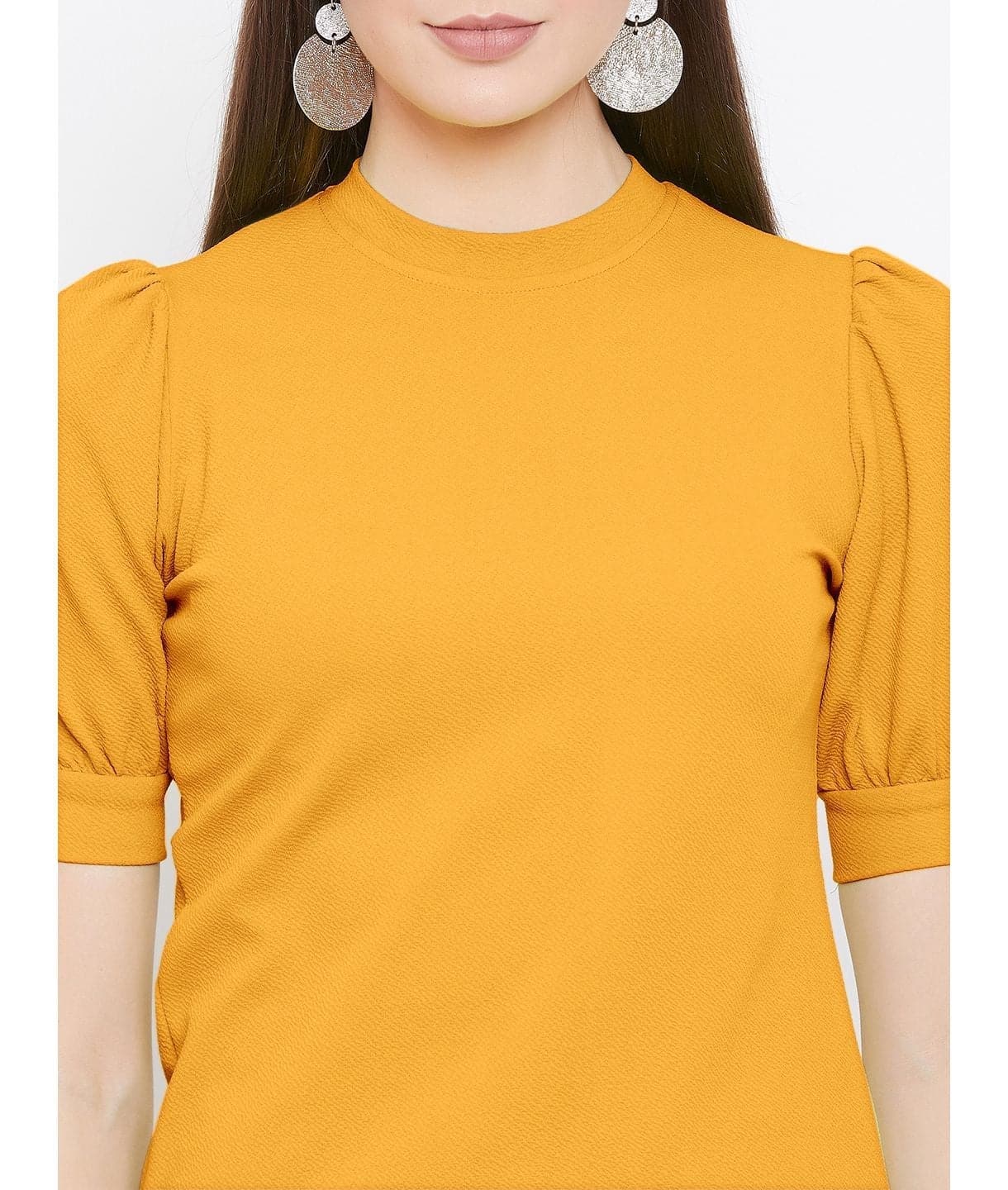 Cotton Solid Stretchable High Neck Puff Sleeve Top