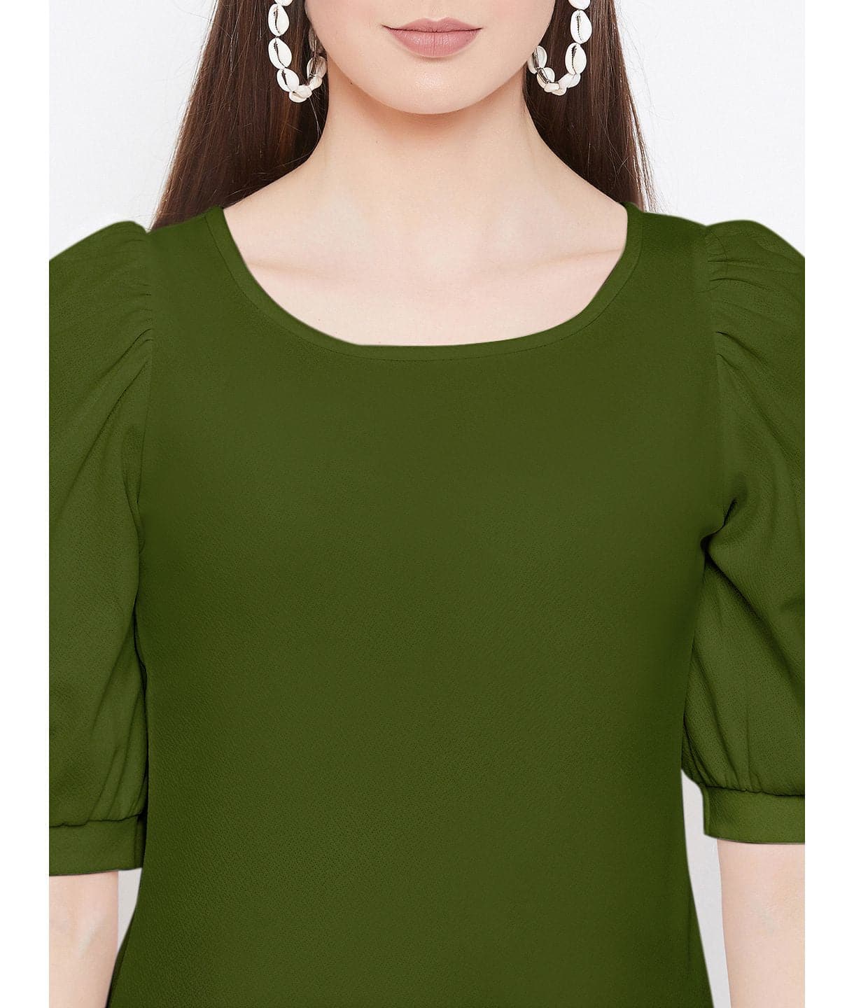 Cotton Solid Stretchable Round Neck Puff Sleeve Top