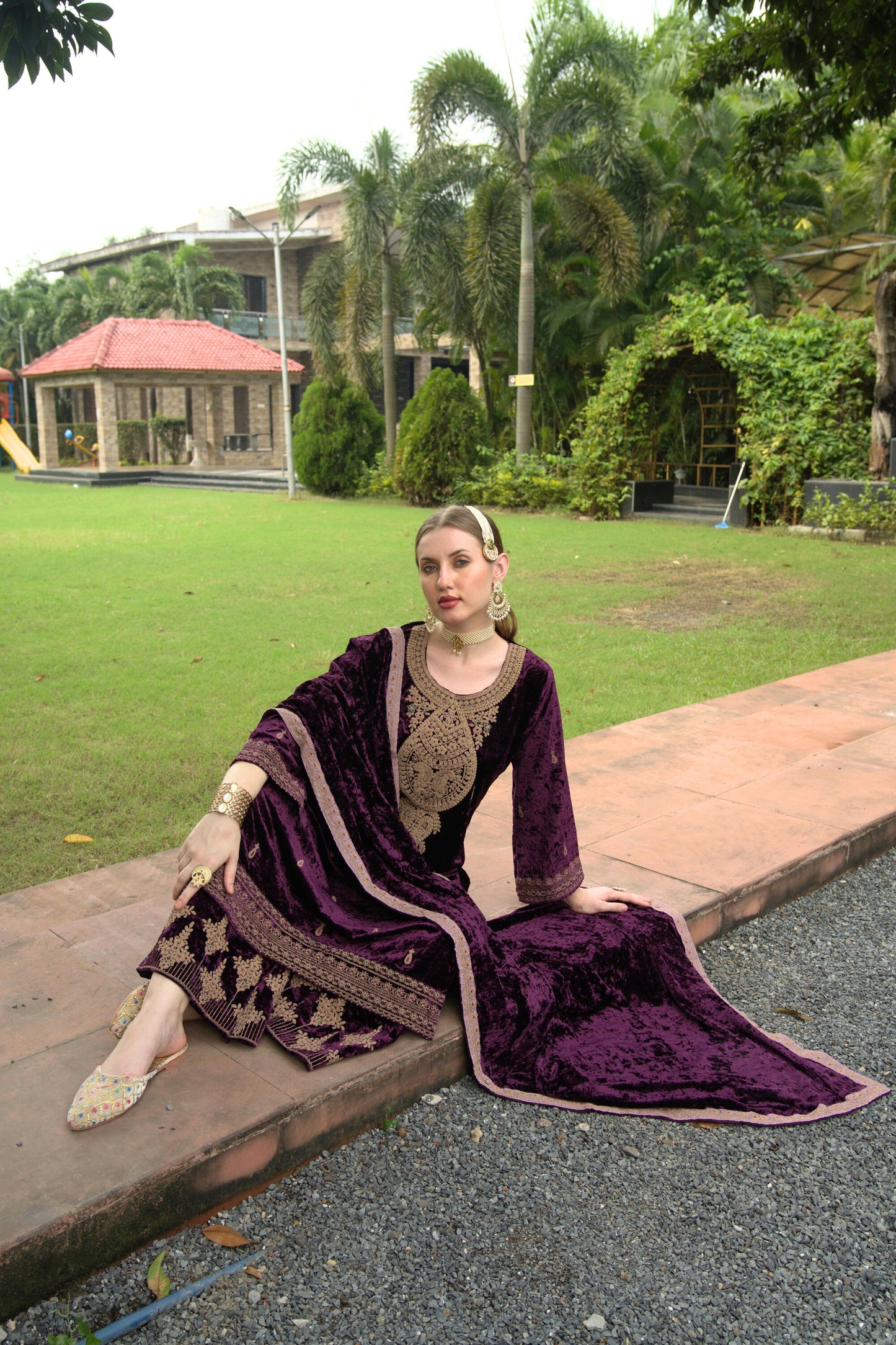 Grape Purple Designer Velvet Pakistani Suit Set