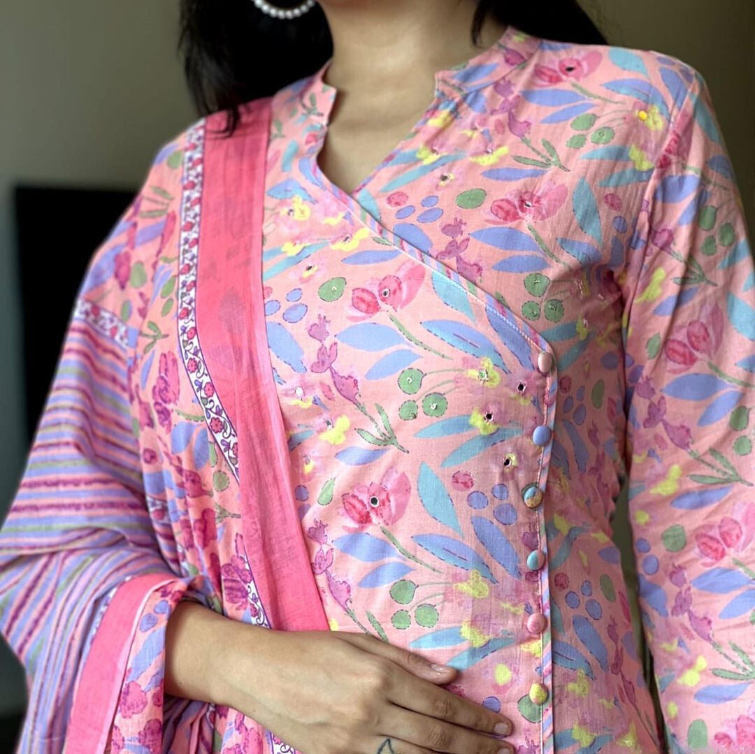 Pale Rose Handblock Printed Cotton Suit Set with Dupatta