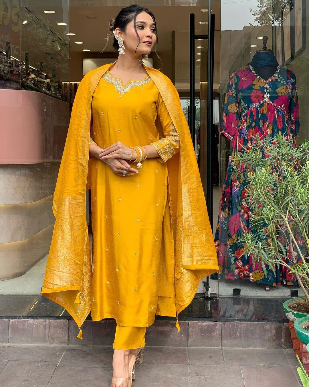 Mustard Embroidered Silk Suit Set with Dupatta