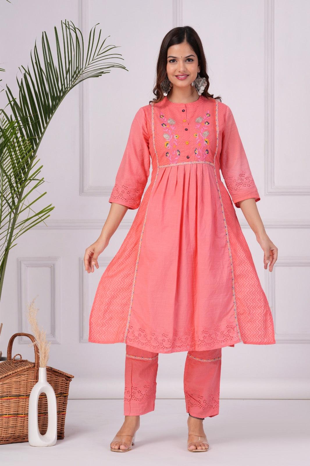 Embroidered Cotton Schiffli Kurta and Pant Set with Dupatta