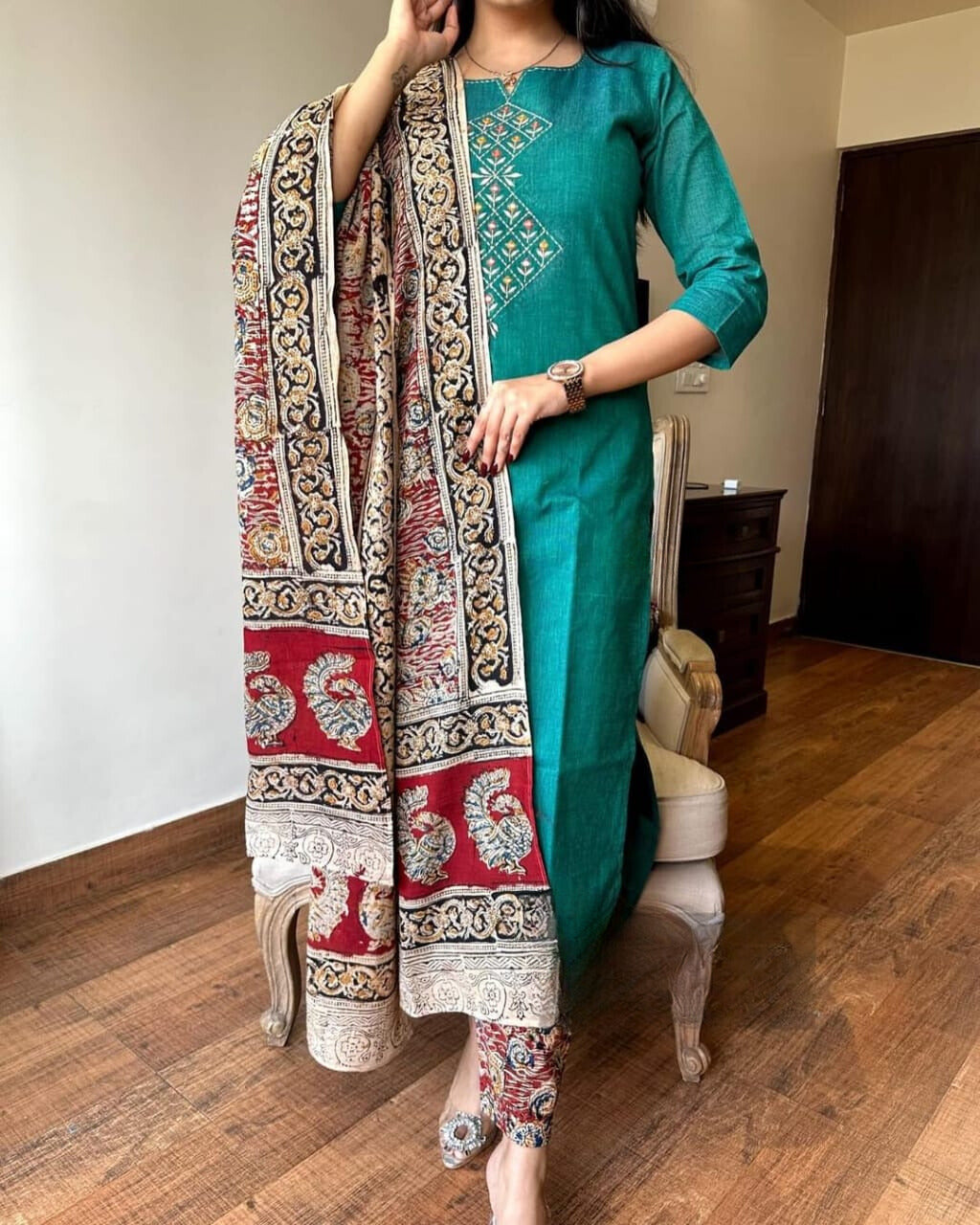 Persian Green Embroidered Handloom Cotton Suit Set with Dupatta