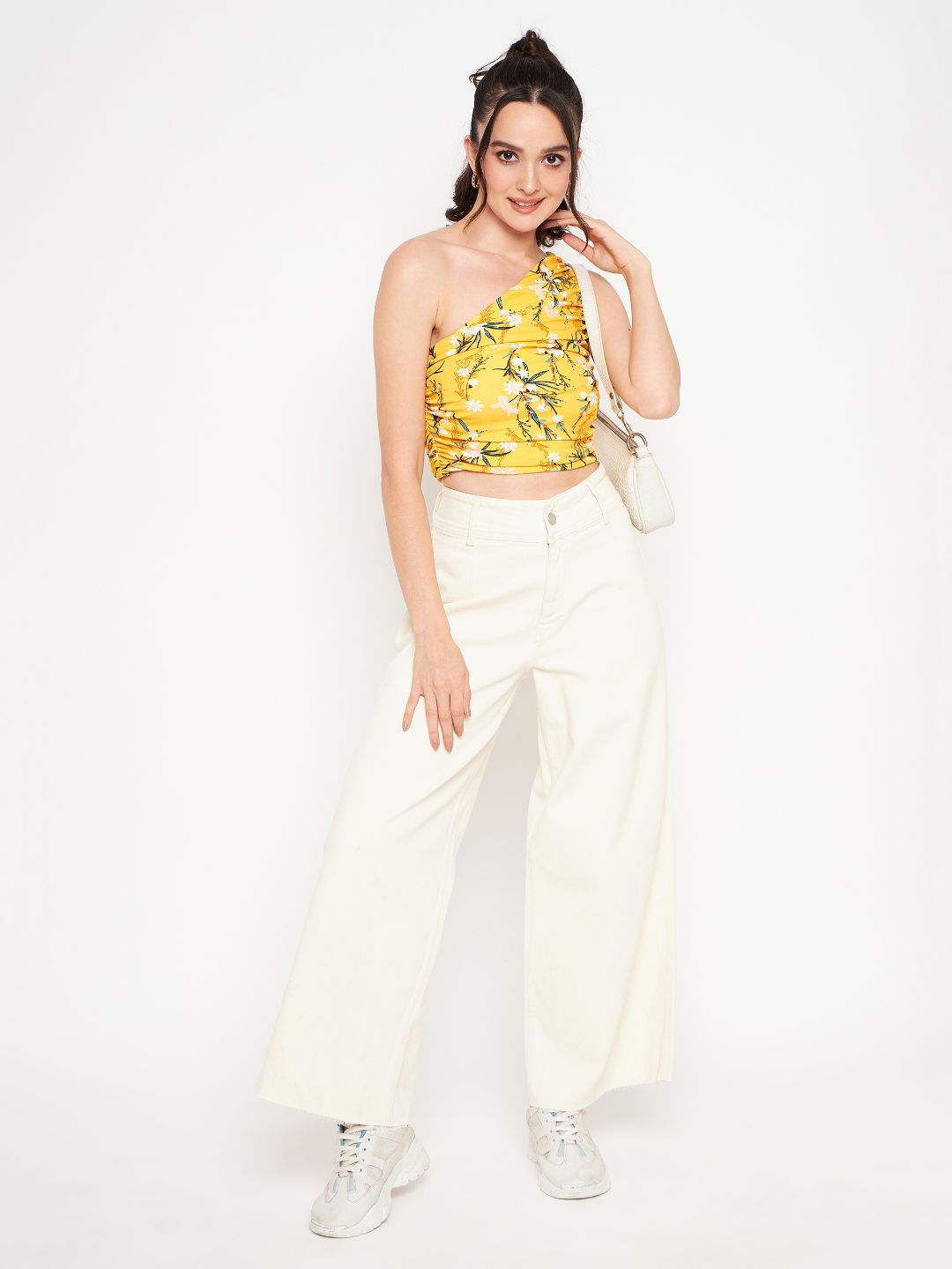 Printed Stretchable One Shoulder Top with Gathered Sides