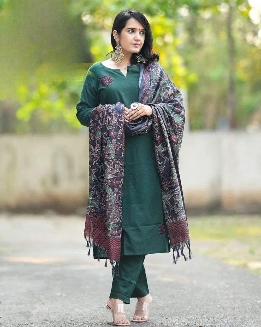 Sea Turtle Green Embroidered Cotton Flex Suit Set with Dupatta