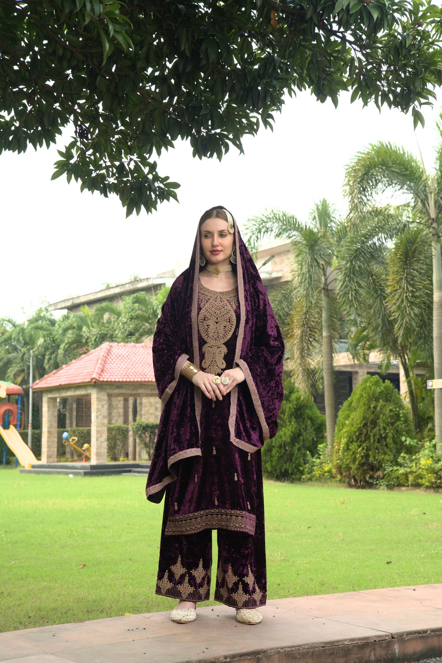 Grape Purple Designer Velvet Pakistani Suit Set