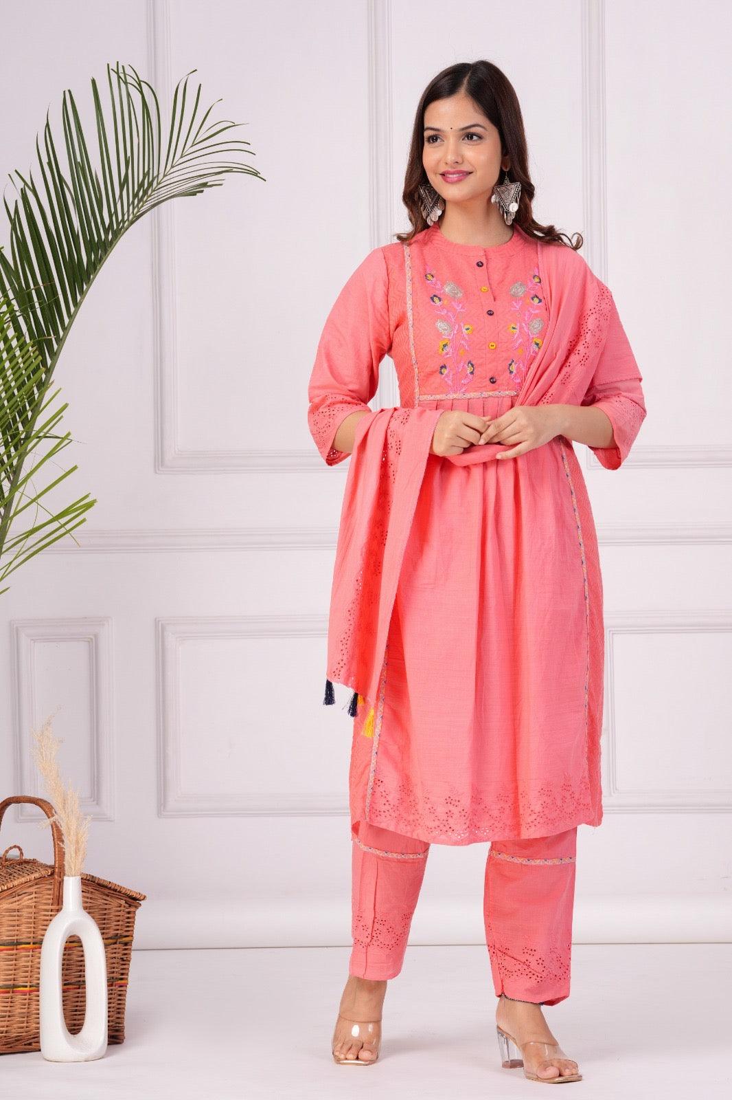 Embroidered Cotton Schiffli Kurta and Pant Set with Dupatta