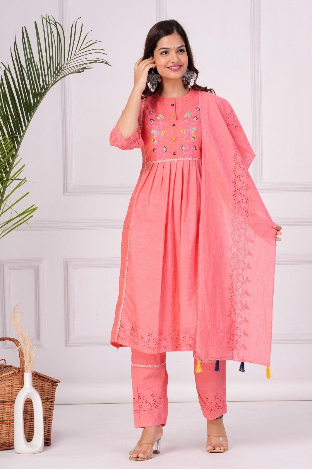 Embroidered Cotton Schiffli Kurta and Pant Set with Dupatta