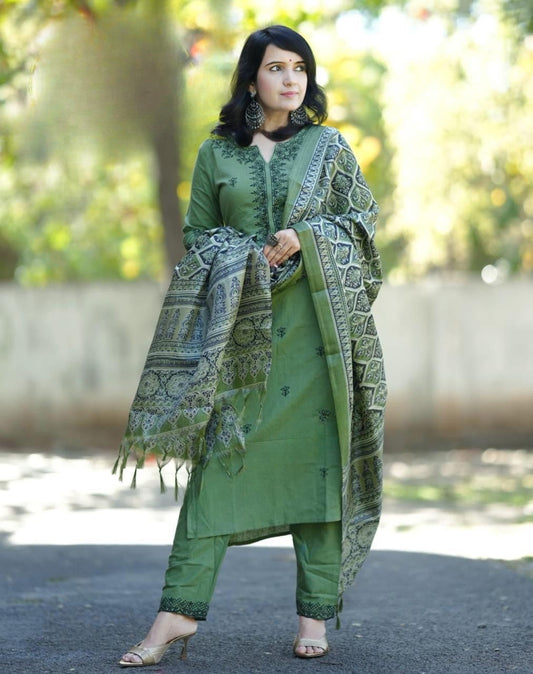 Green Embroidered Cotton Kurta and Pant Set with Dupatta