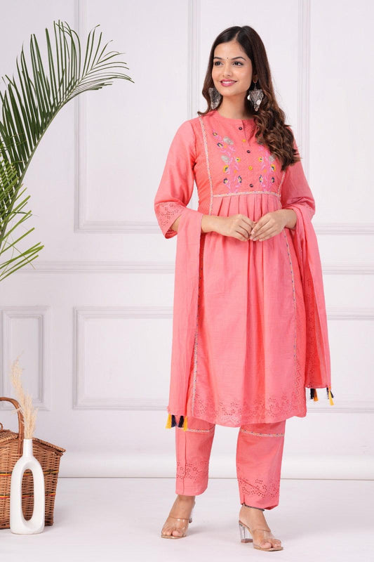 Embroidered Cotton Schiffli Kurta and Pant Set with Dupatta