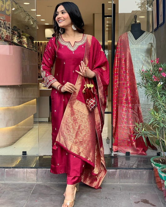 Red Embroidered Silk Suit Set with Dupatta