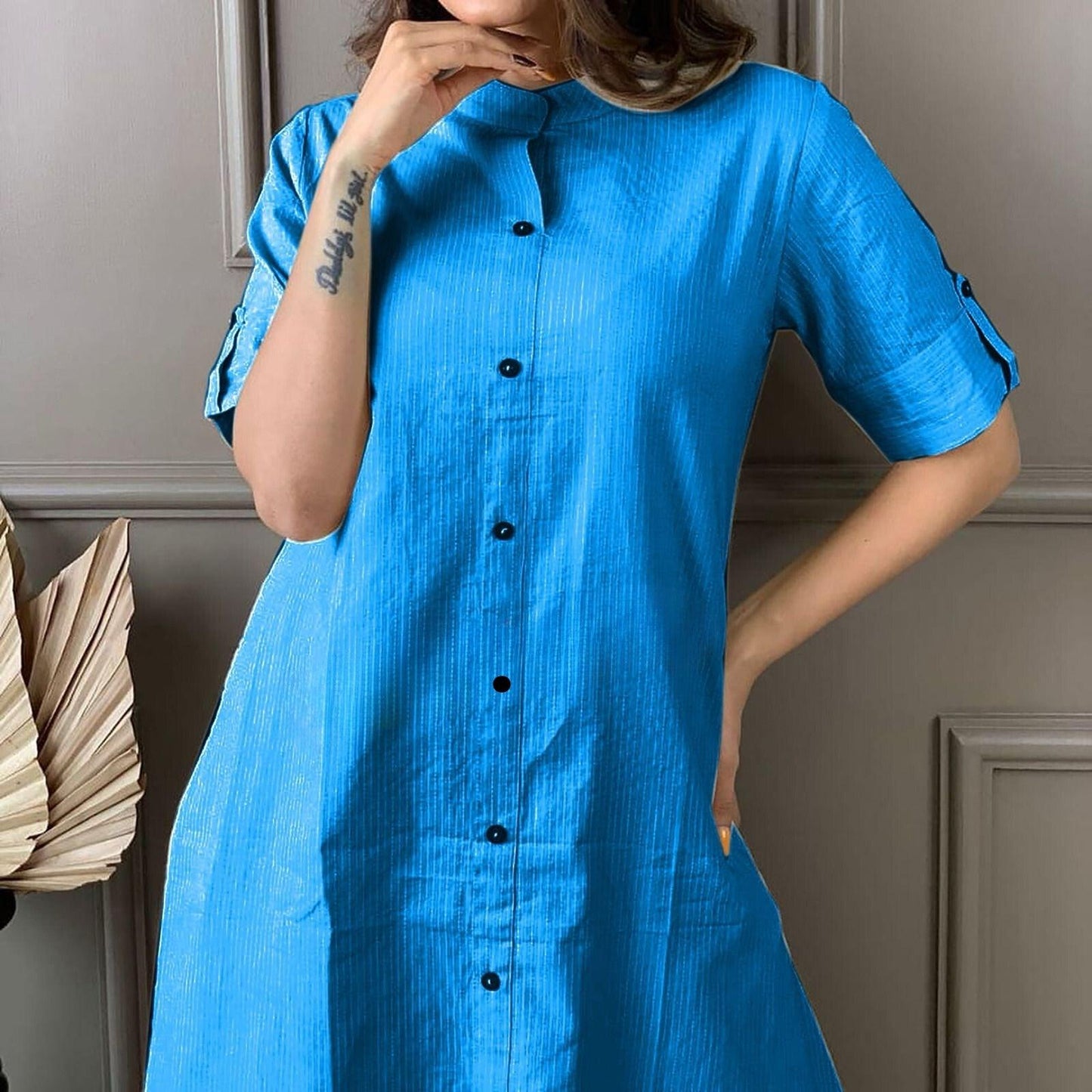 Sky Blue Katha Cotton Kurta and Palazzo Set