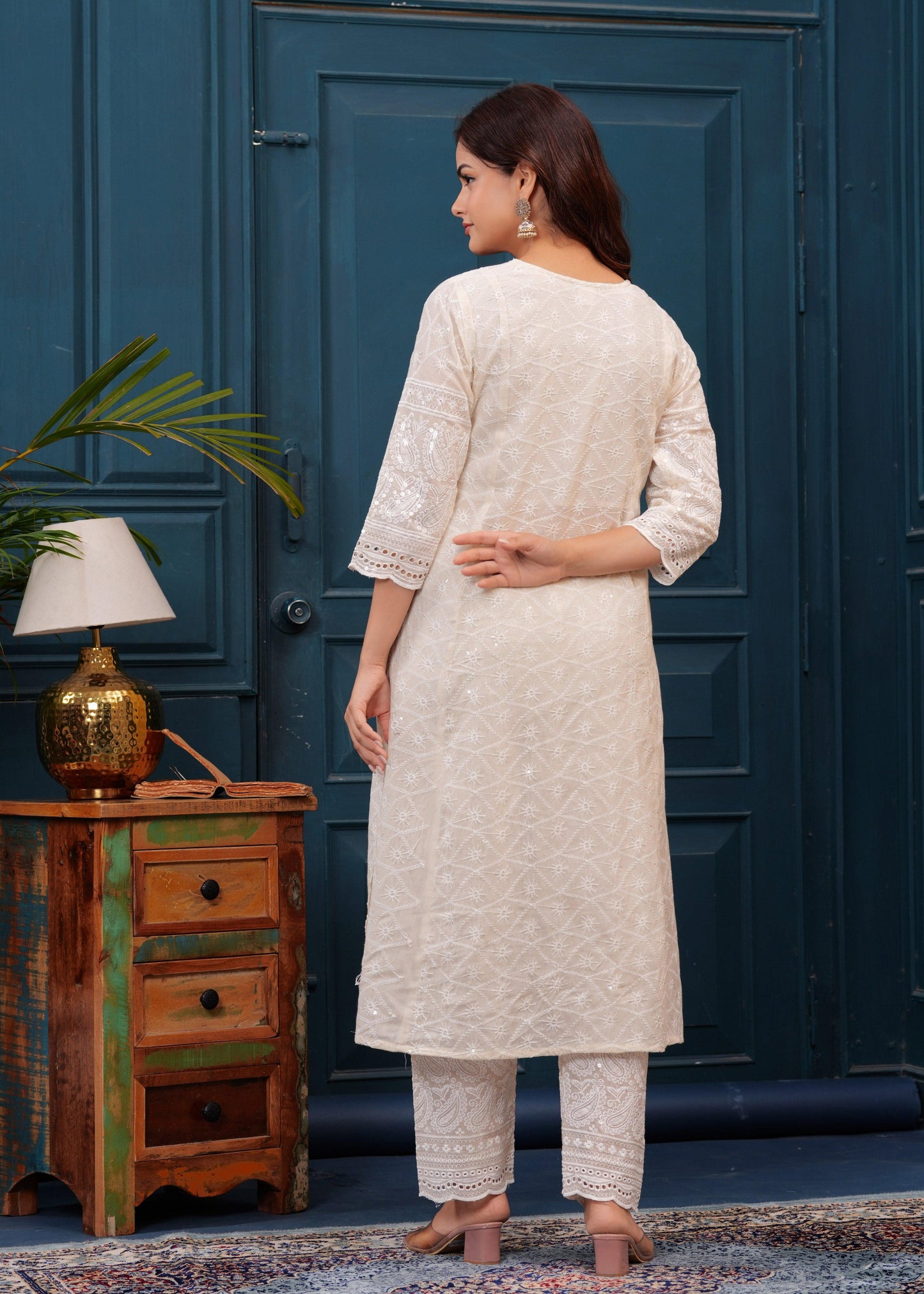 Off White Chikankari Kurta and Pant Set with Chanderi Dupatta