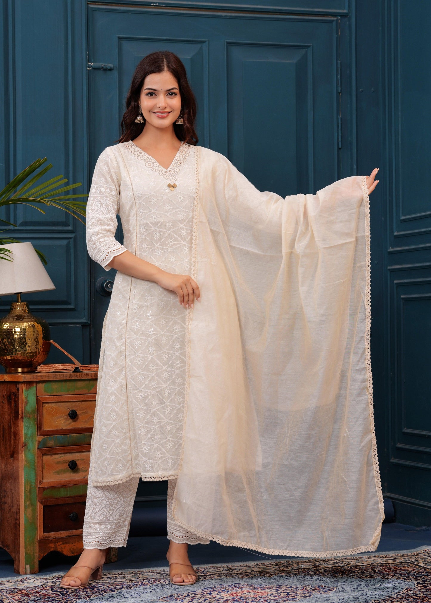 Off White Chikankari Kurta and Pant Set with Chanderi Dupatta