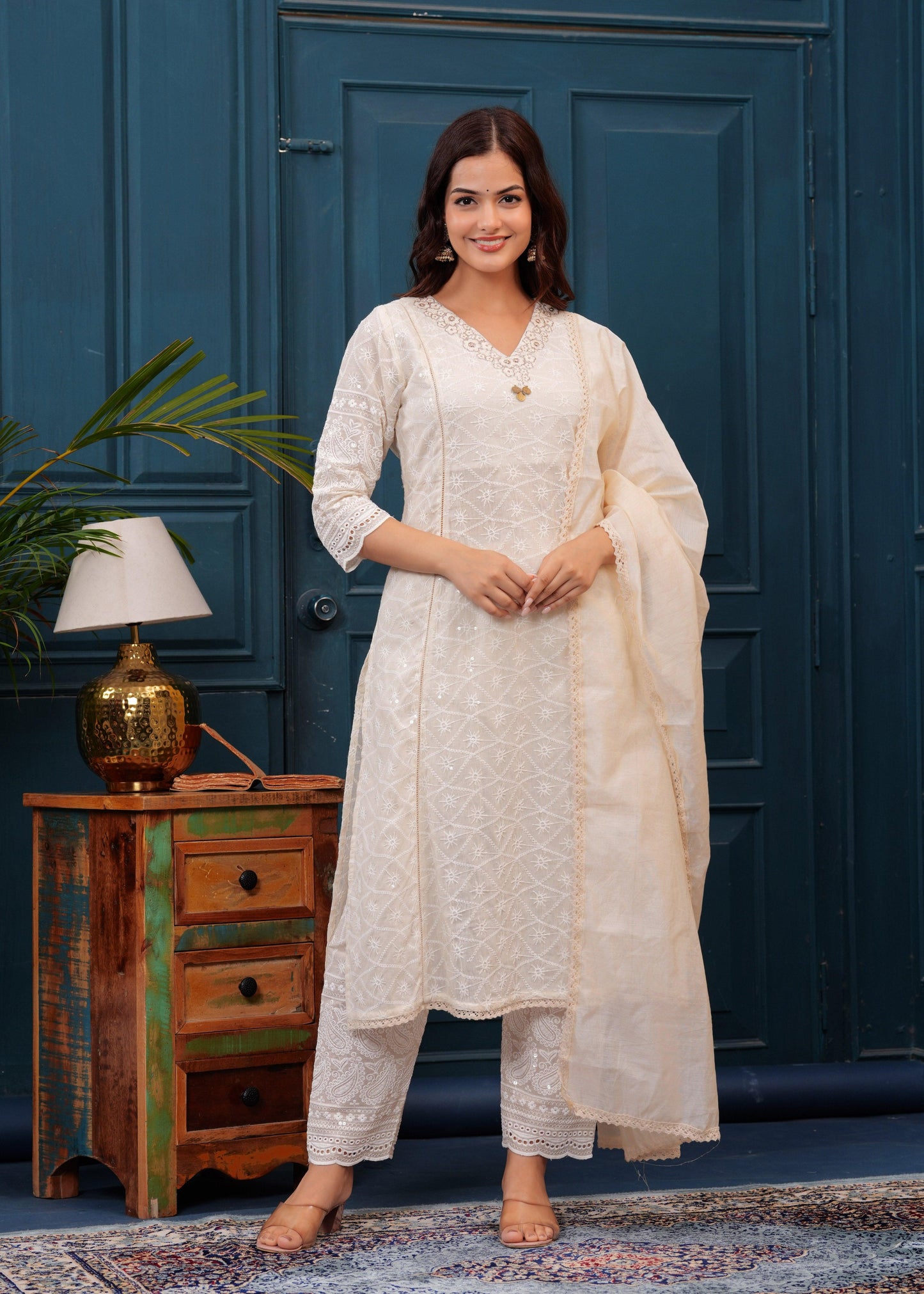 Off White Chikankari Kurta and Pant Set with Chanderi Dupatta