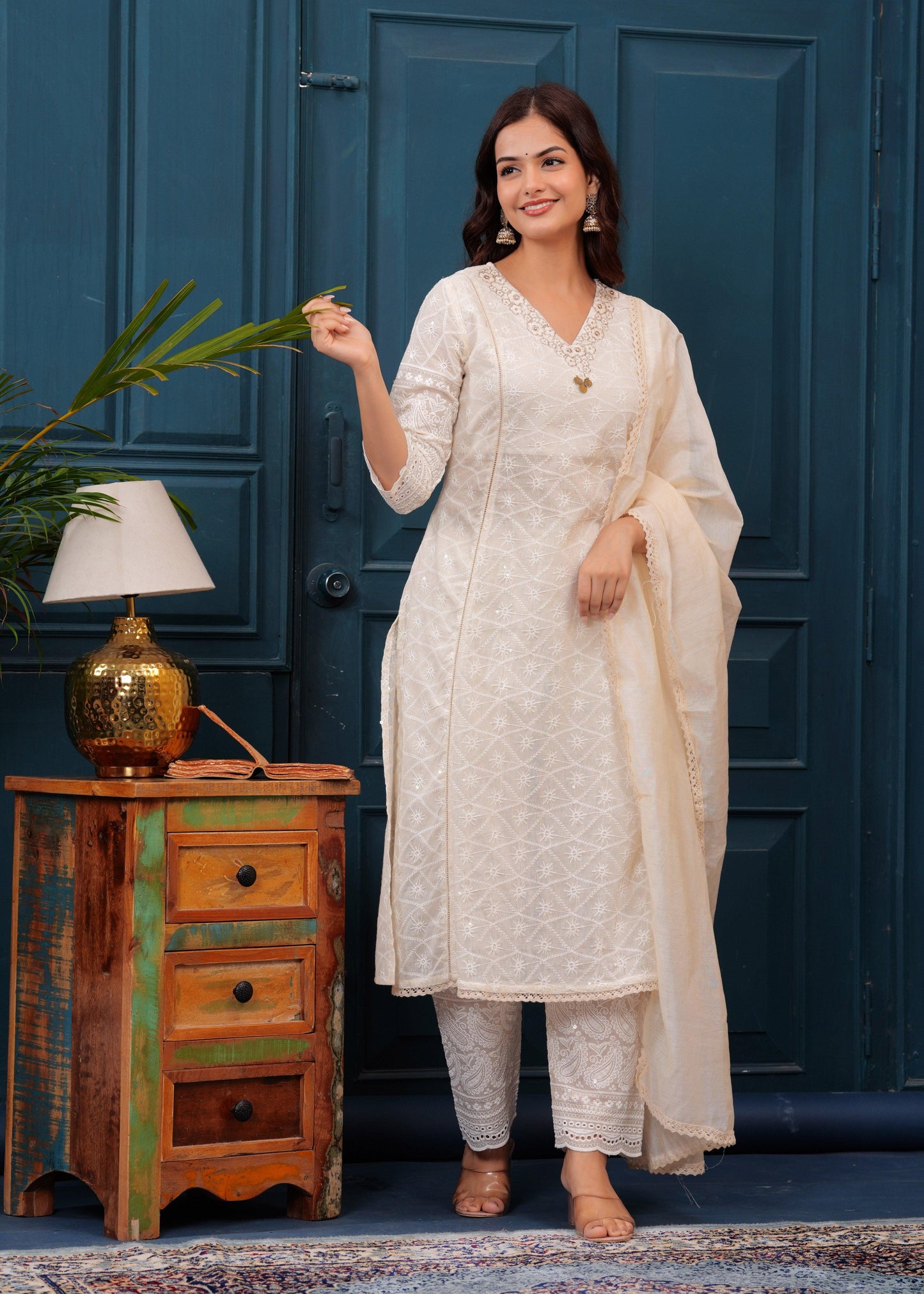 Off White Chikankari Kurta and Pant Set with Chanderi Dupatta