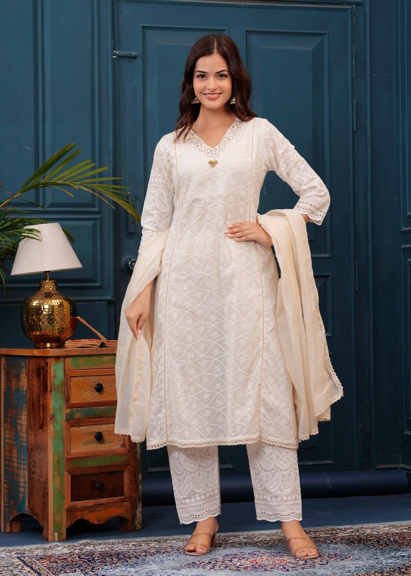 Off White Chikankari Kurta and Pant Set with Chanderi Dupatta