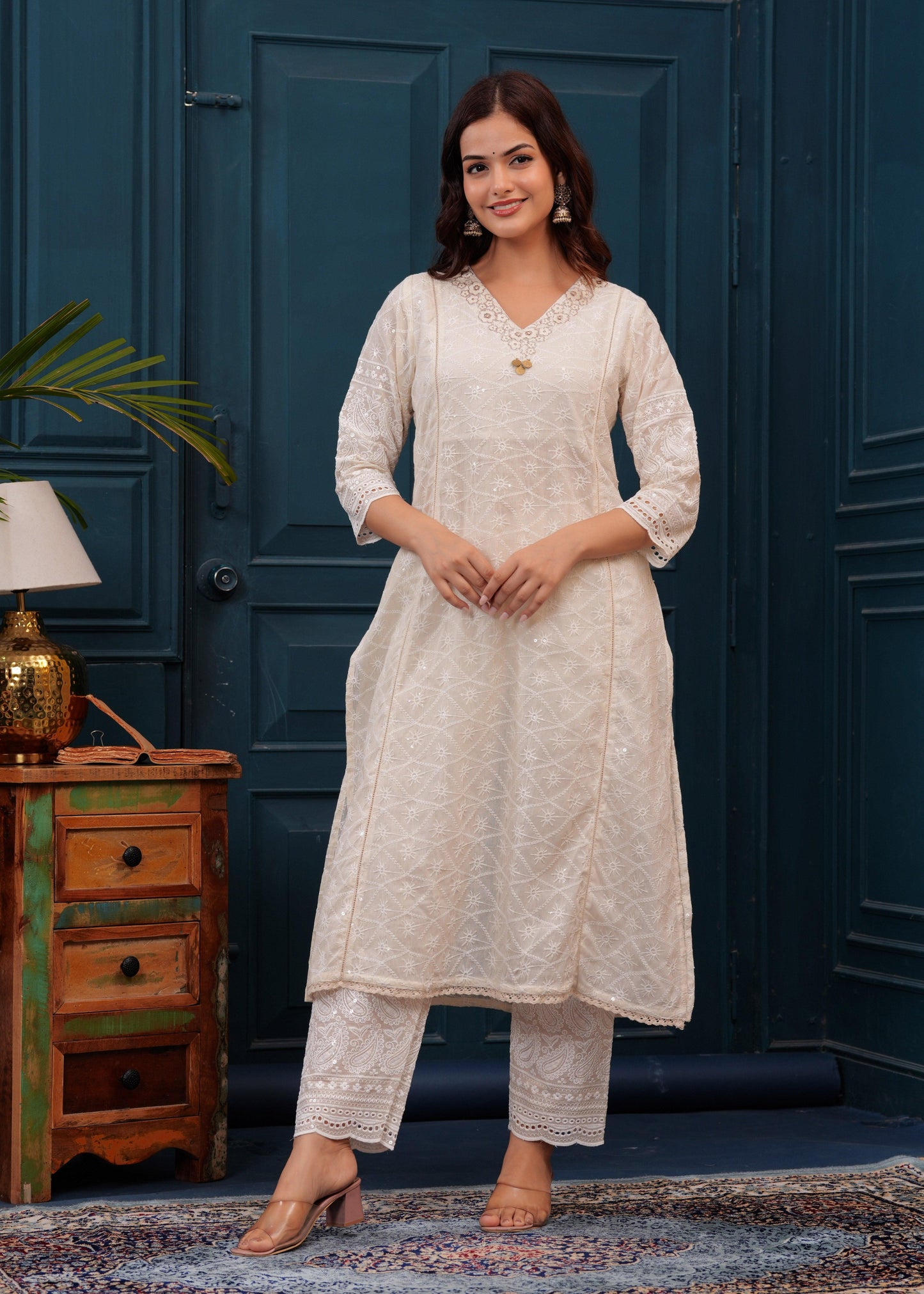 Off White Chikankari Kurta and Pant Set with Chanderi Dupatta