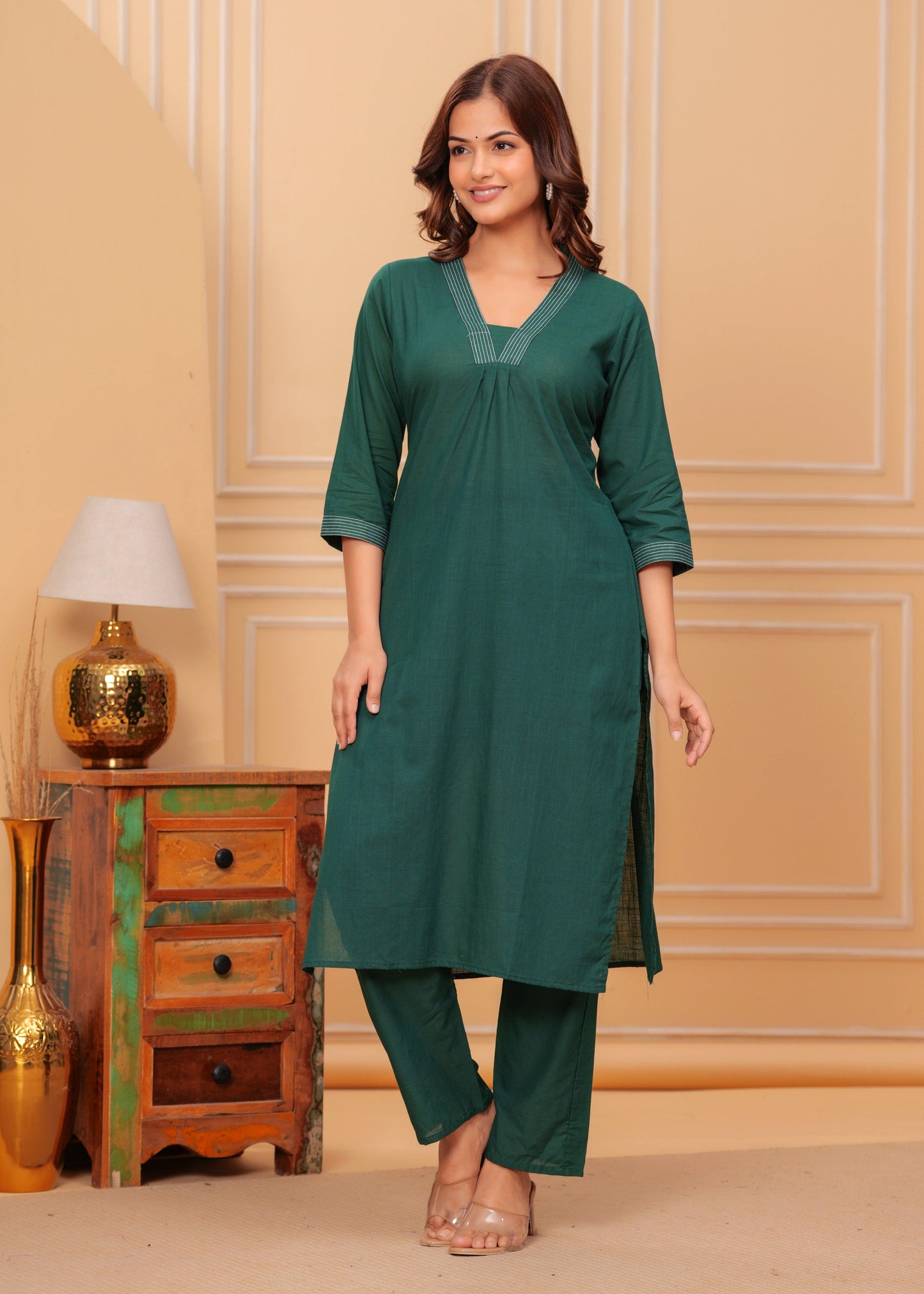 Dark Green Cotton Slub Kurta and Pant Set