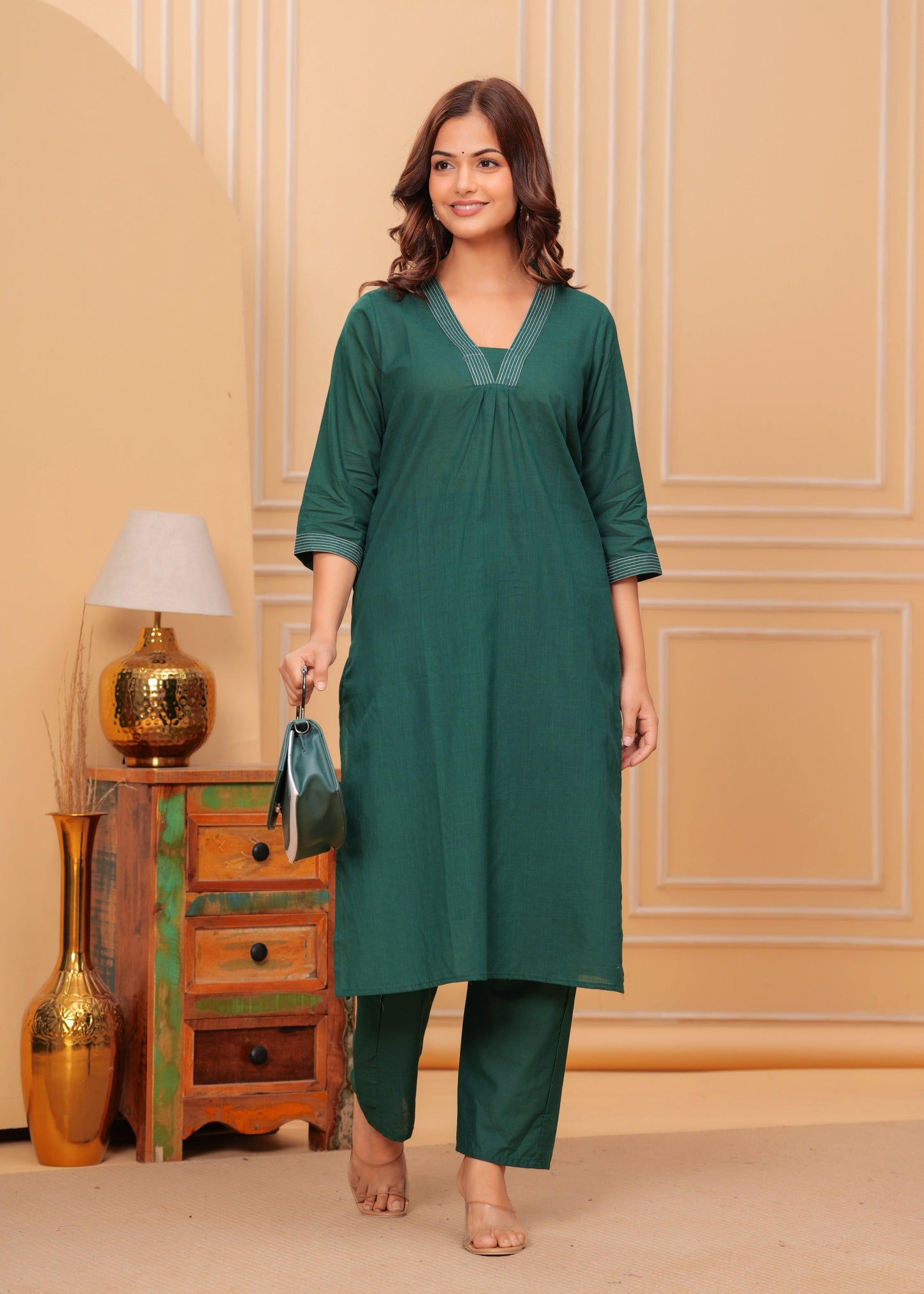 Dark Green Cotton Slub Kurta and Pant Set