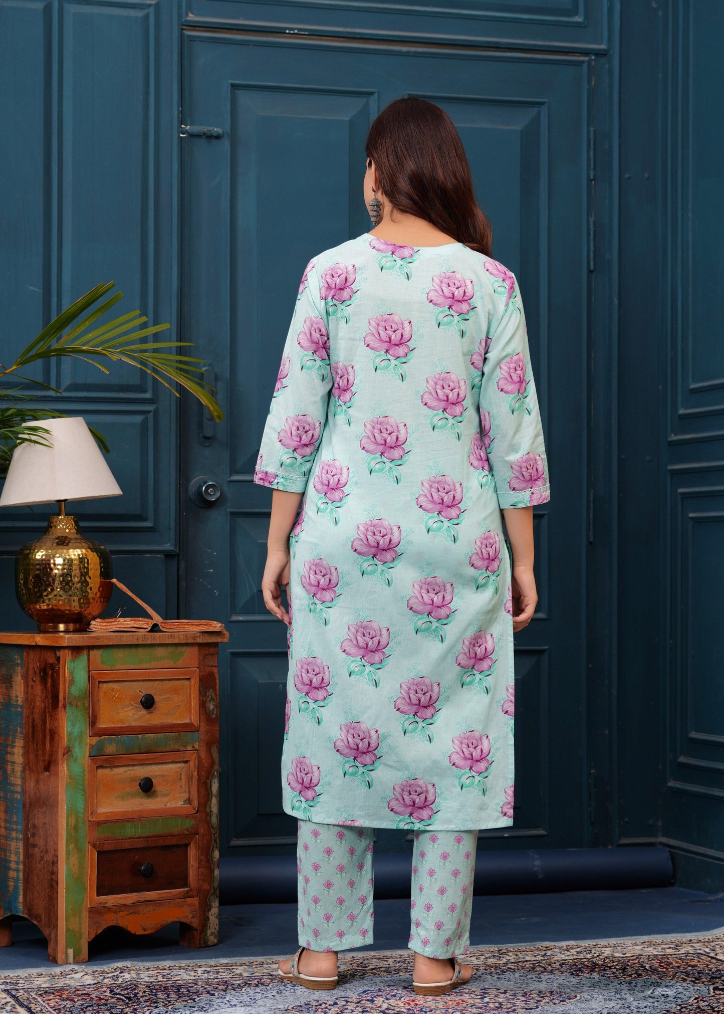 Sea Mist Floral Printed Embroidered Cotton Kurta and Pant Set with Mulmul Dupatta