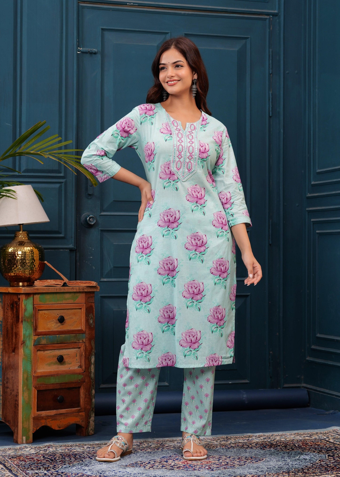 Sea Mist Floral Printed Embroidered Cotton Kurta and Pant Set with Mulmul Dupatta