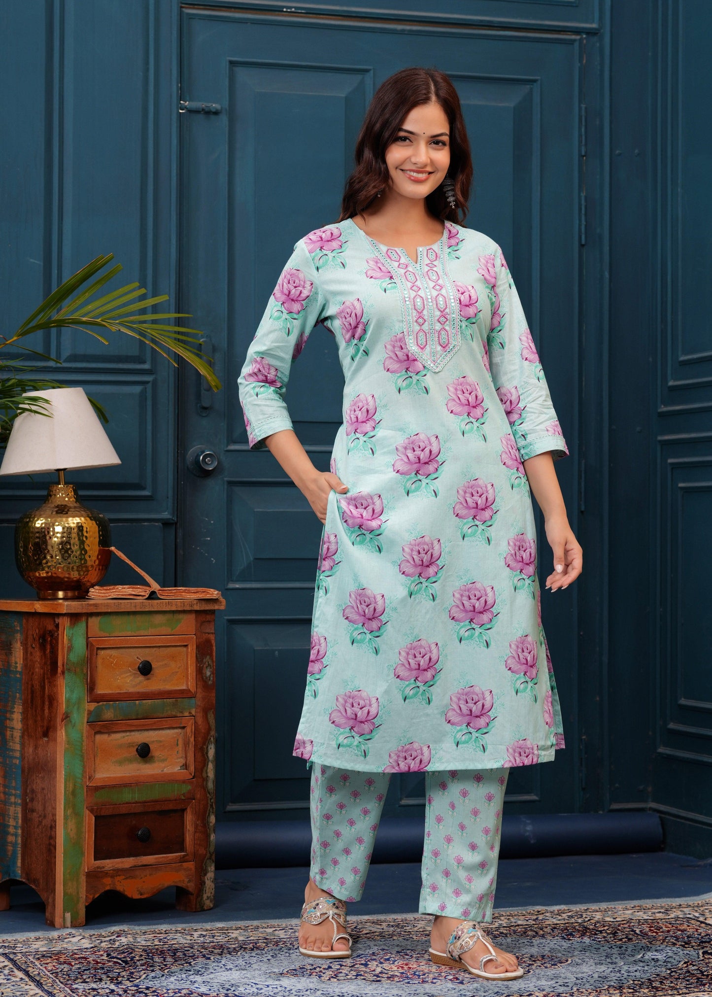 Sea Mist Floral Printed Embroidered Cotton Kurta and Pant Set with Mulmul Dupatta