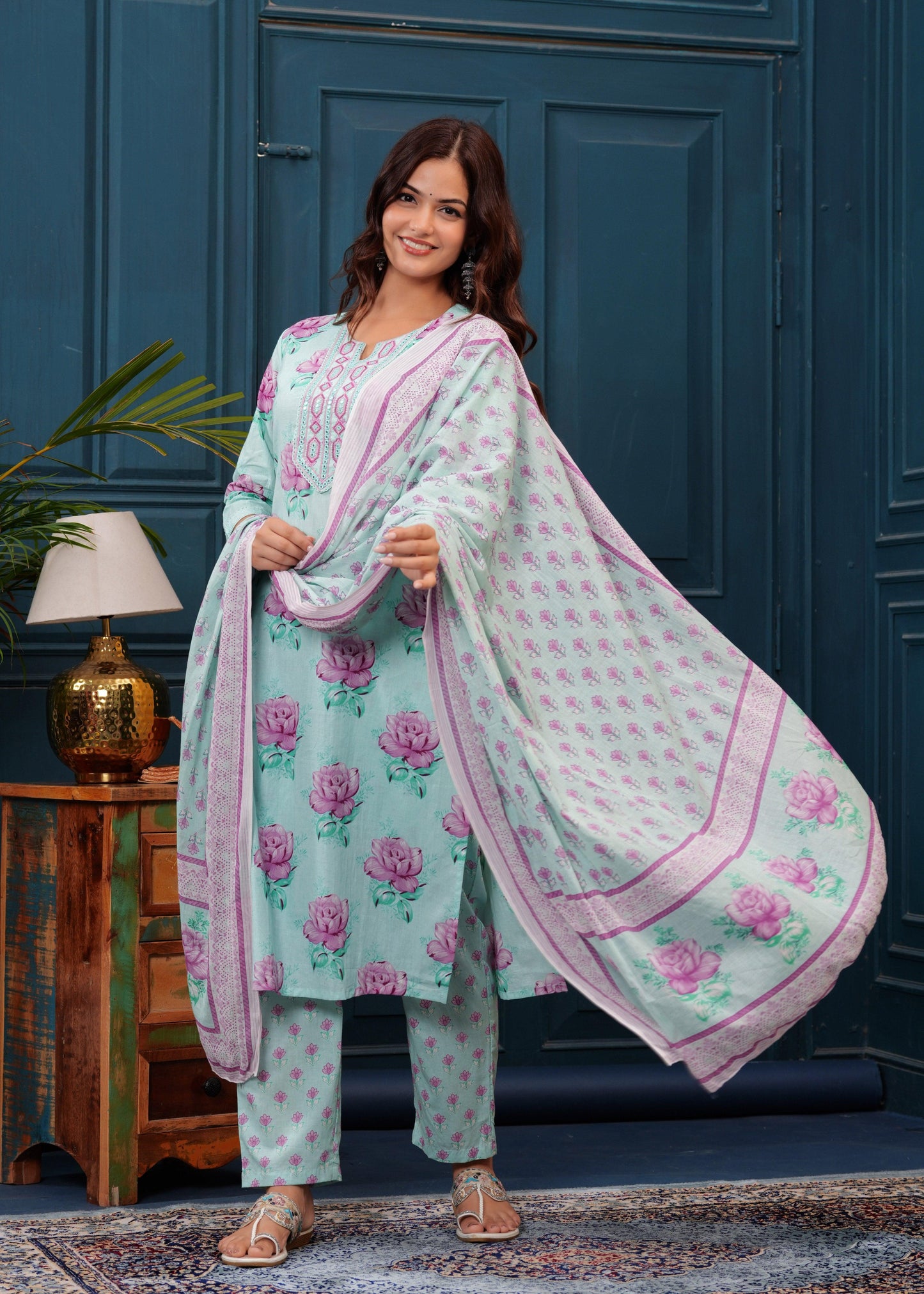 Sea Mist Floral Printed Embroidered Cotton Kurta and Pant Set with Mulmul Dupatta