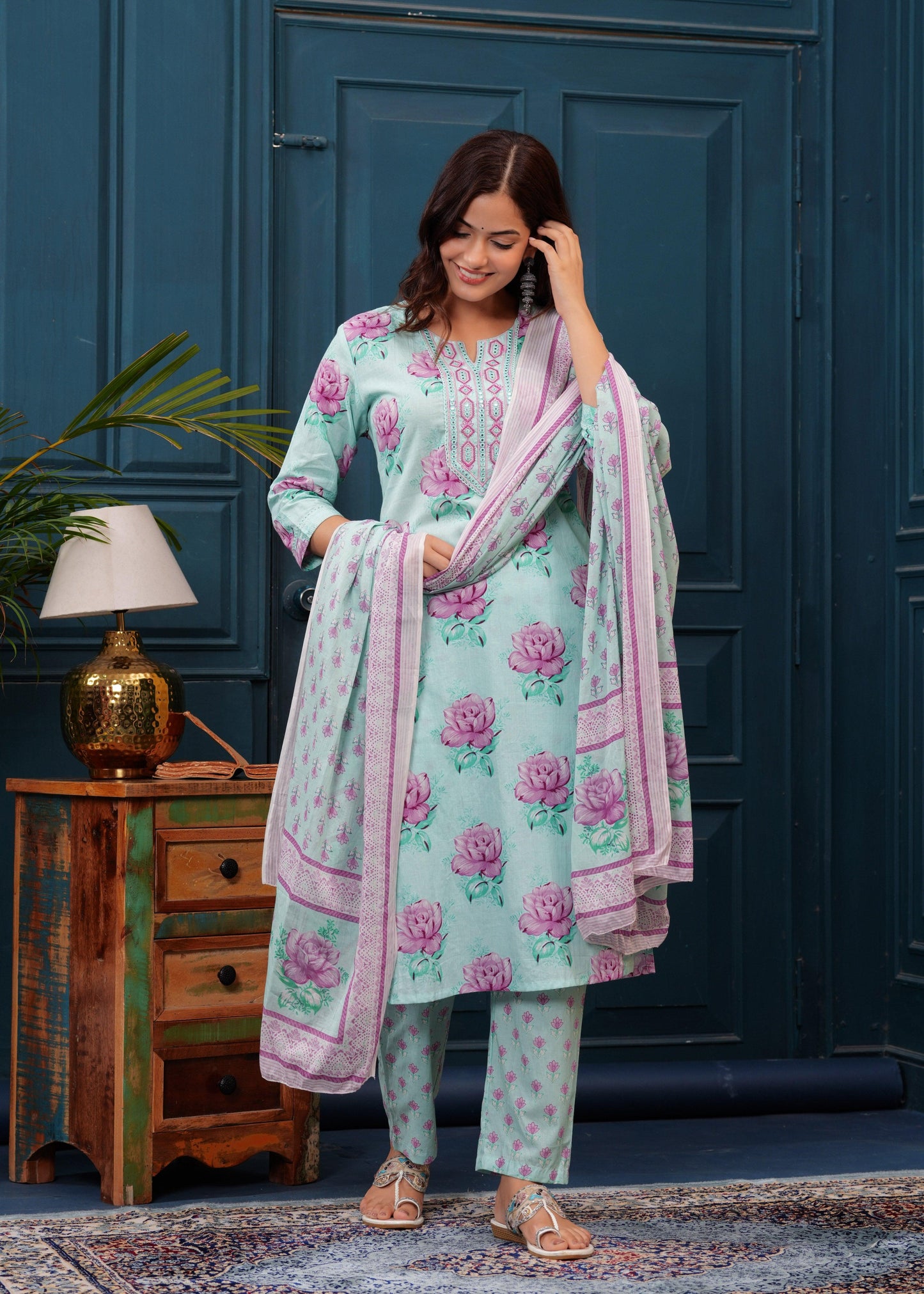 Sea Mist Floral Printed Embroidered Cotton Kurta and Pant Set with Mulmul Dupatta