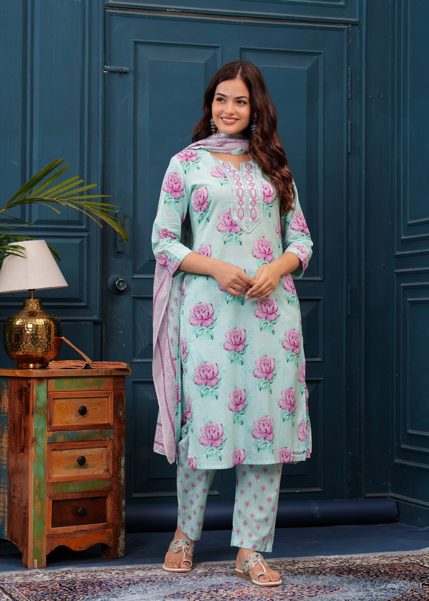 Sea Mist Floral Printed Embroidered Cotton Kurta and Pant Set with Mulmul Dupatta