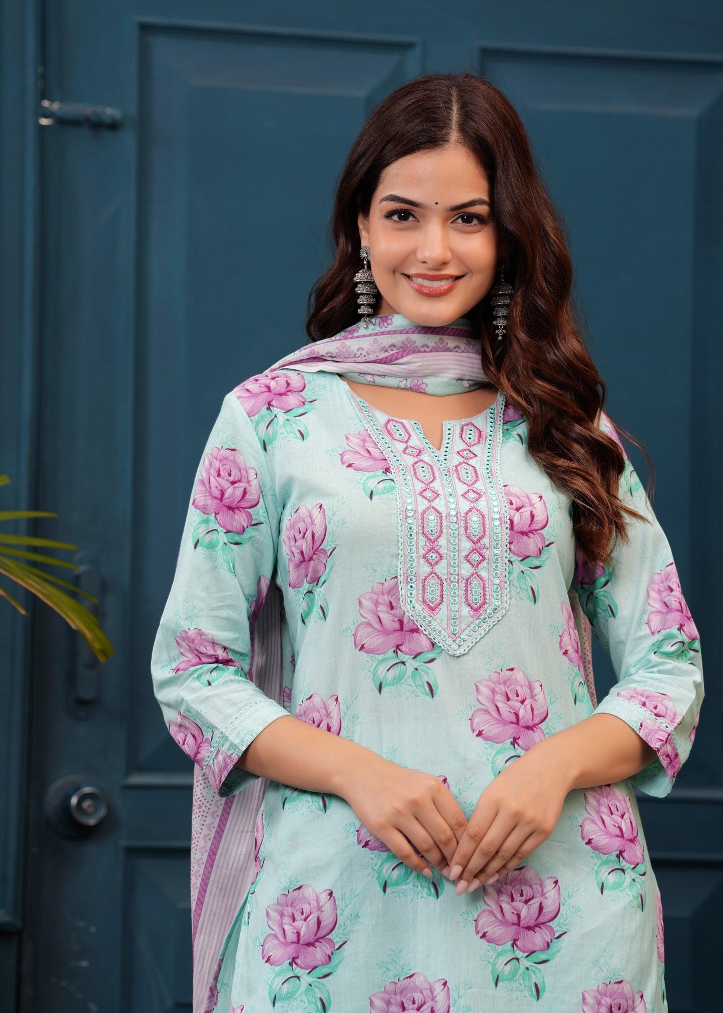 Sea Mist Floral Printed Embroidered Cotton Kurta and Pant Set with Mulmul Dupatta