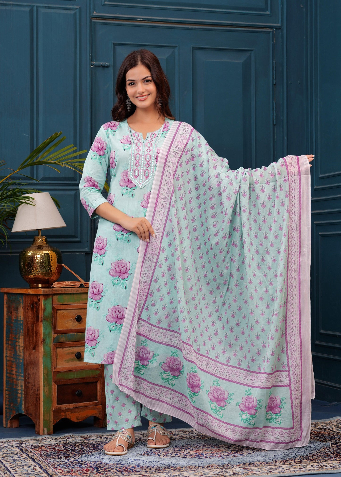 Sea Mist Floral Printed Embroidered Cotton Kurta and Pant Set with Mulmul Dupatta