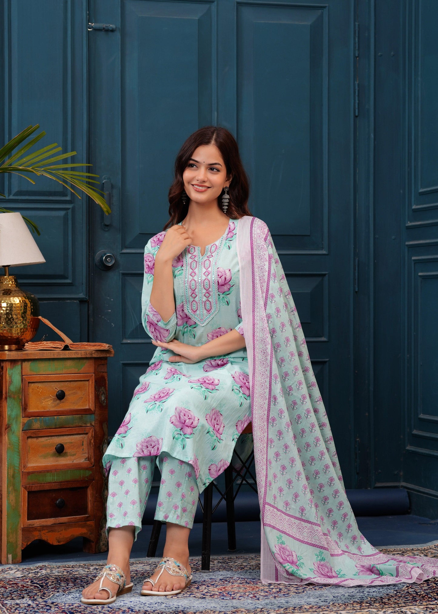 Sea Mist Floral Printed Embroidered Cotton Kurta and Pant Set with Mulmul Dupatta