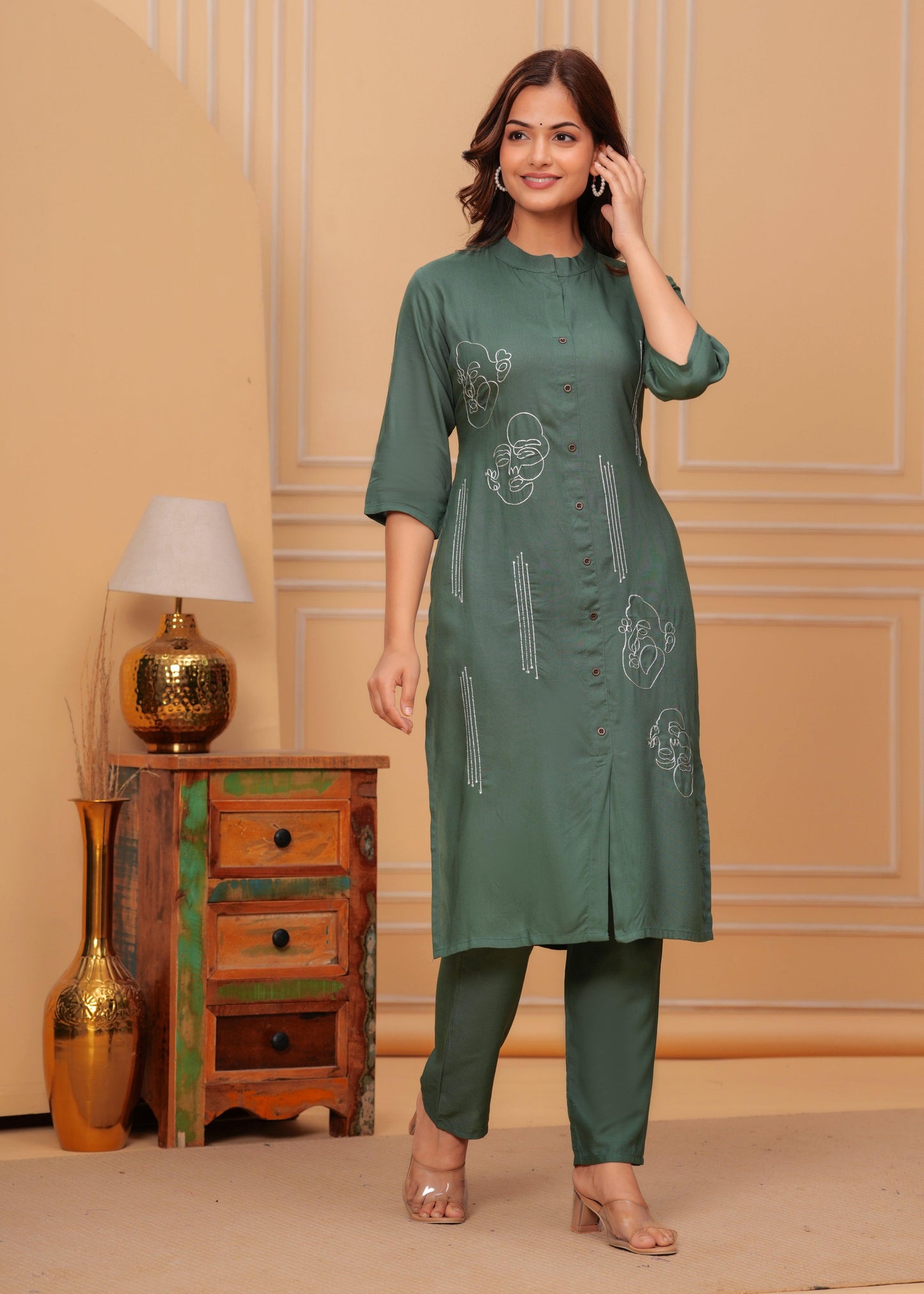 Dark Green Embroidered Printed Rayon Kurta and Pant Set