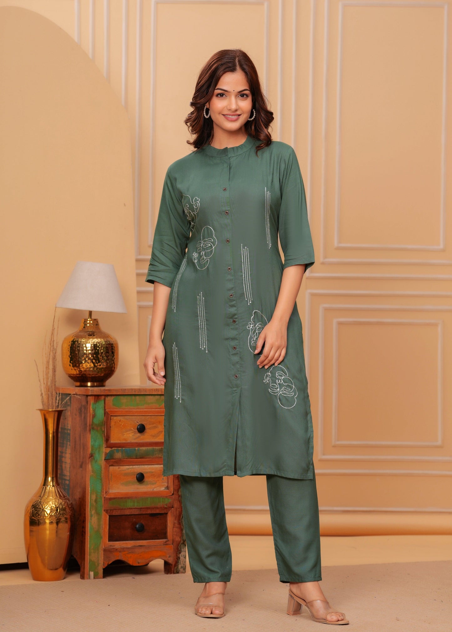 Dark Green Embroidered Printed Rayon Kurta and Pant Set