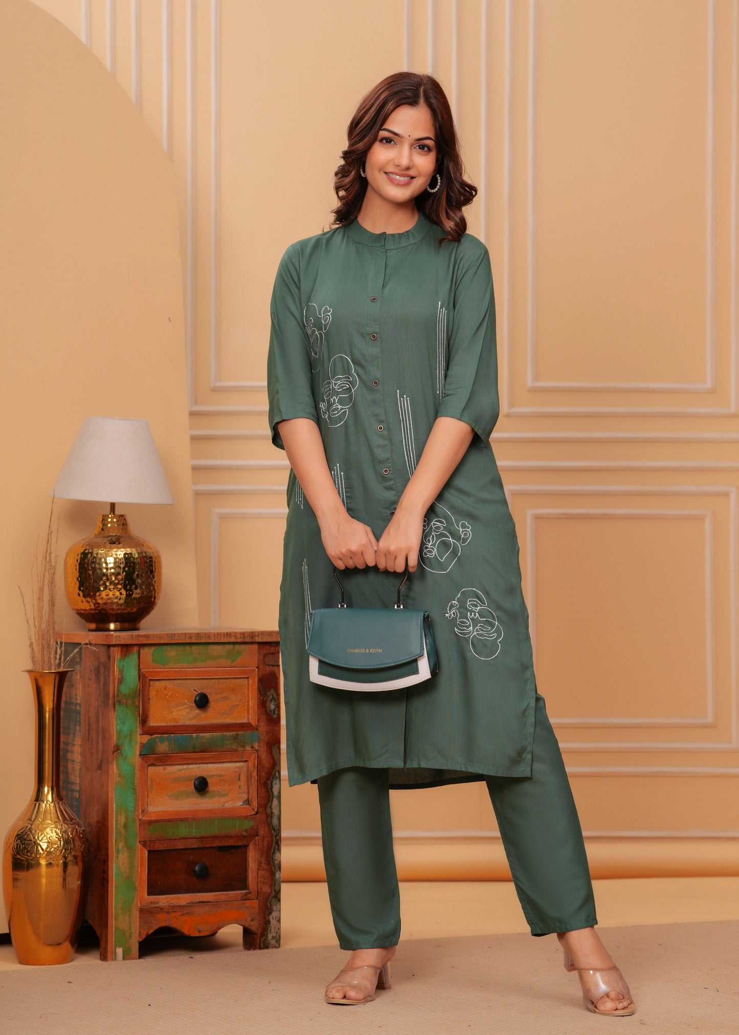 Dark Green Embroidered Printed Rayon Kurta and Pant Set