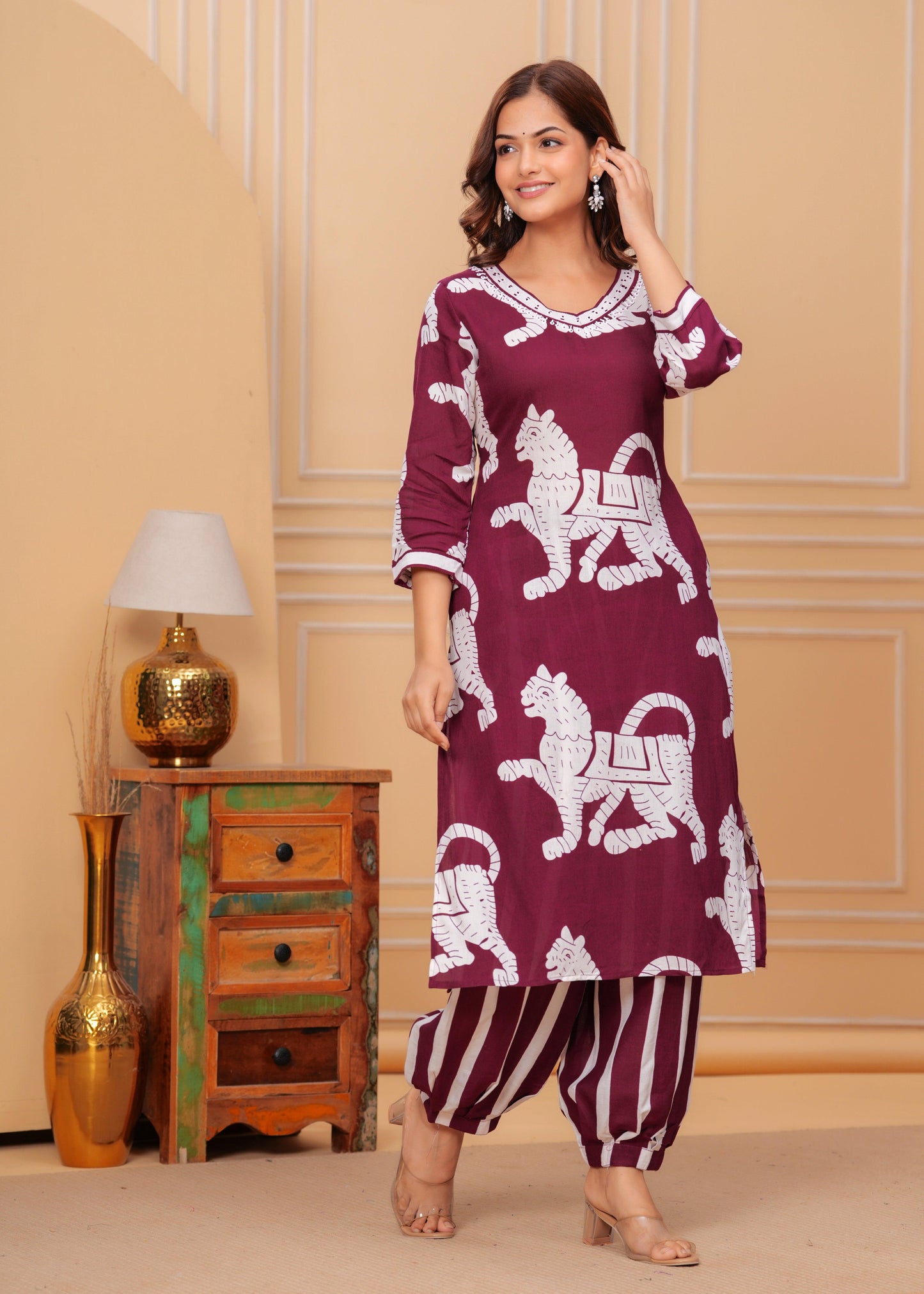 Maroon Printed Rayon Kurta and Pant Set