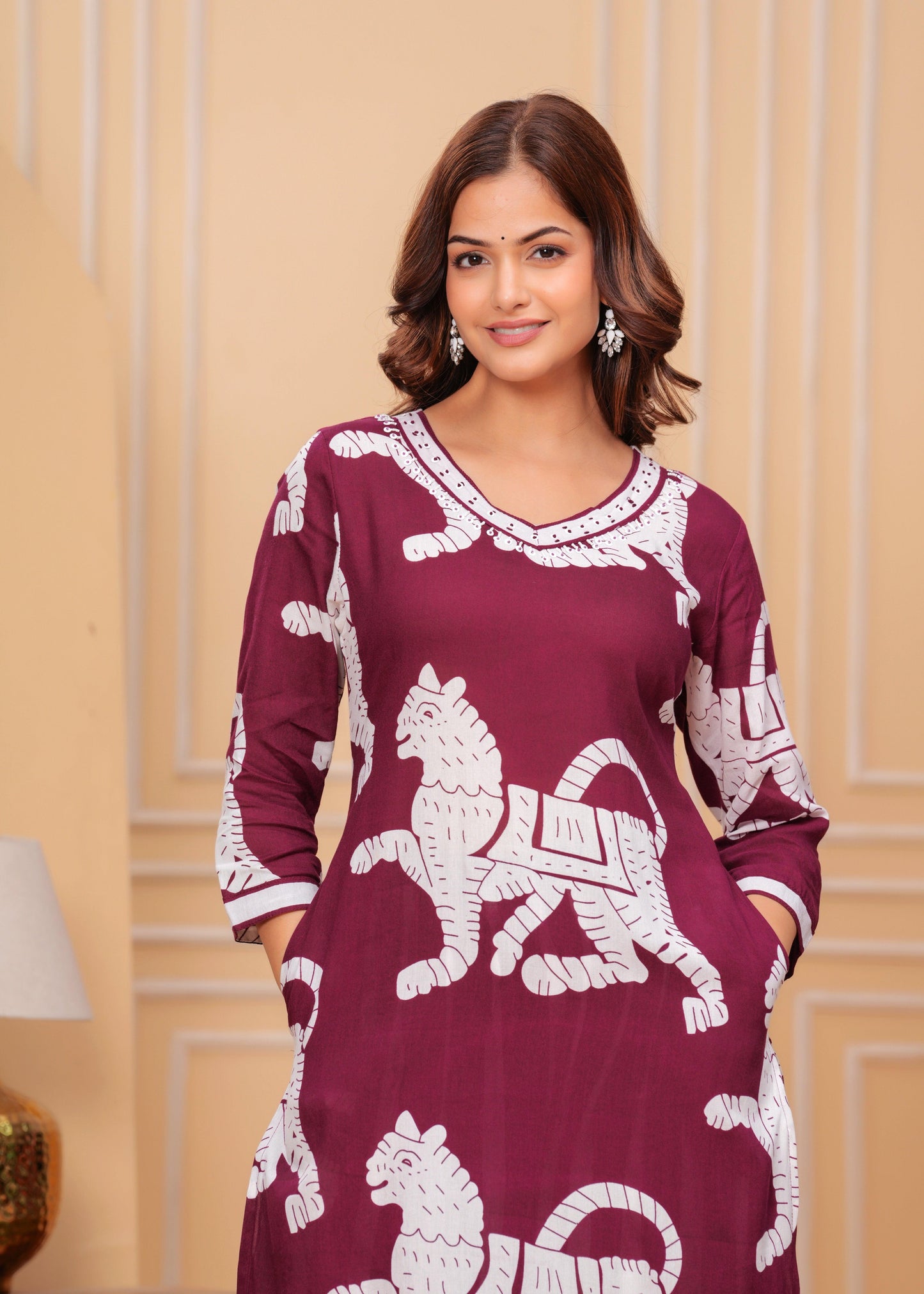 Maroon Printed Rayon Kurta and Pant Set