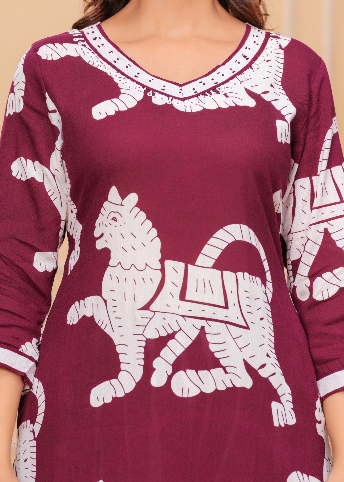 Maroon Printed Rayon Kurta and Pant Set